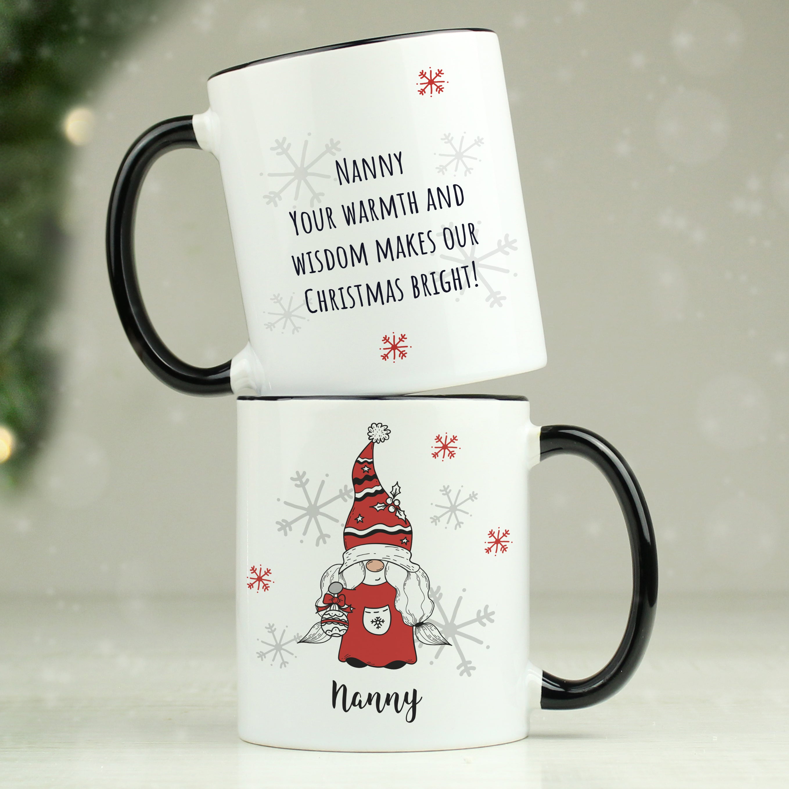 Personalised Gonk Family Black Handled Christmas Mug - Female