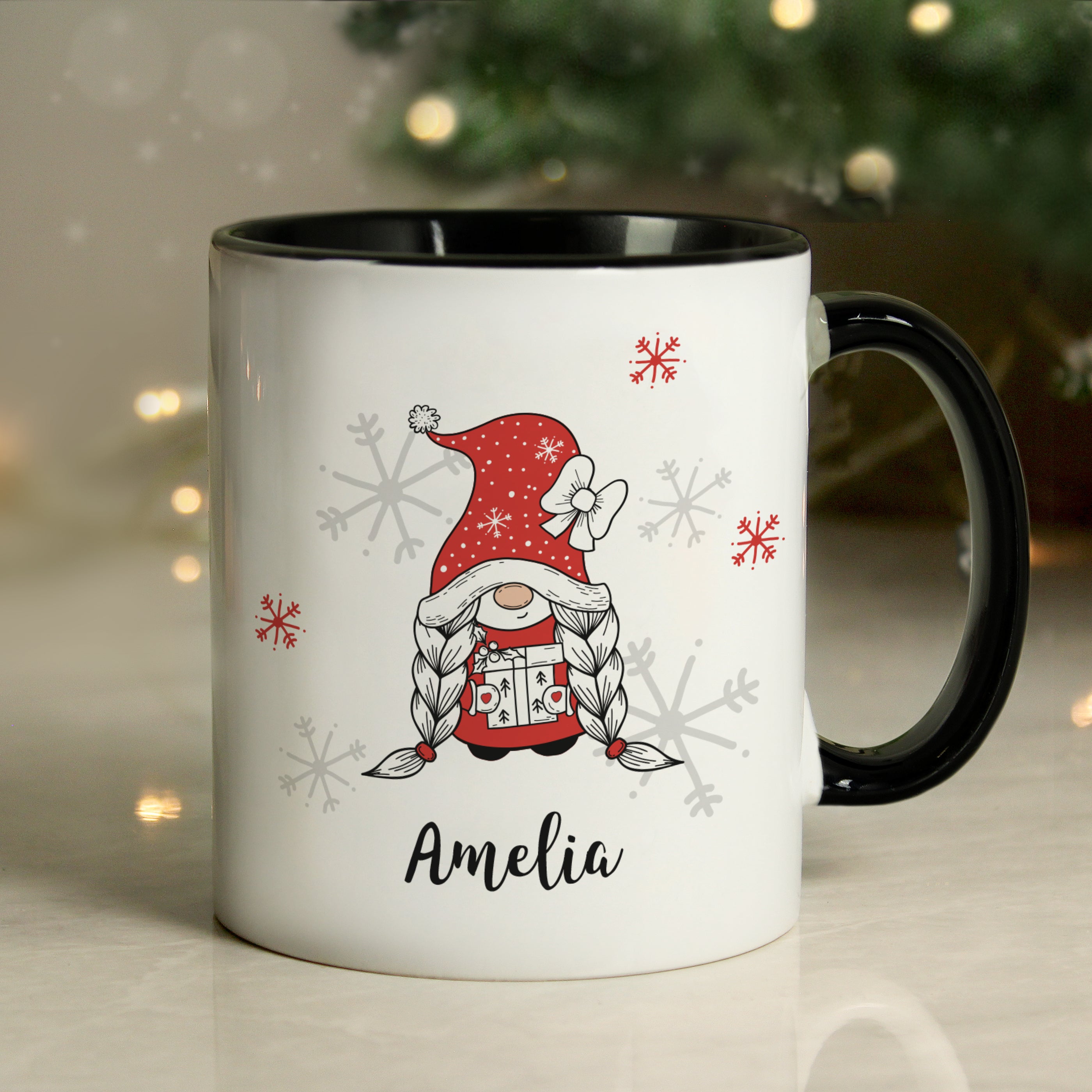 Personalised Gonk Family Black Handled Christmas Mug - Girl