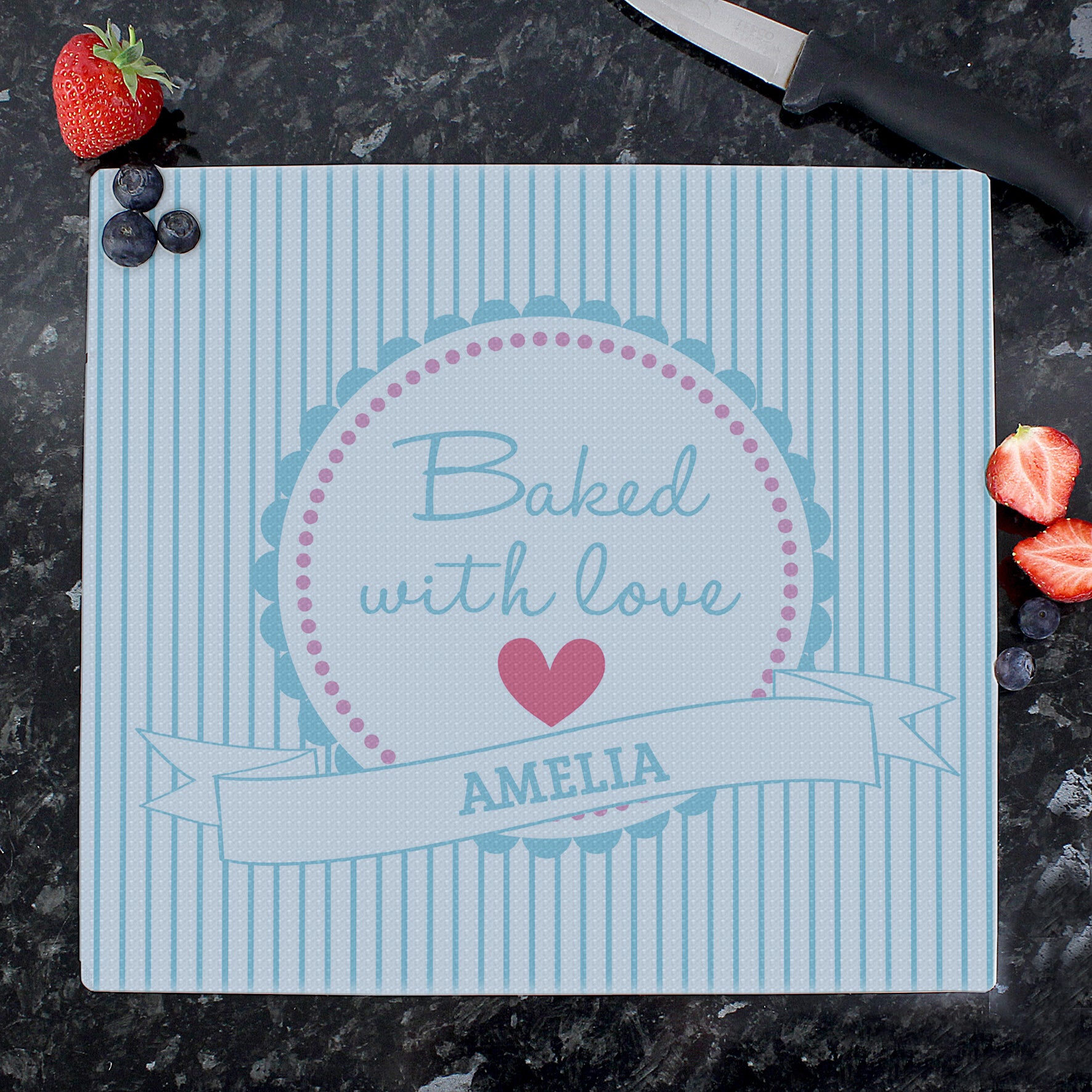 Personalised Baked With Love Glass Chopping Board/Worktop Saver