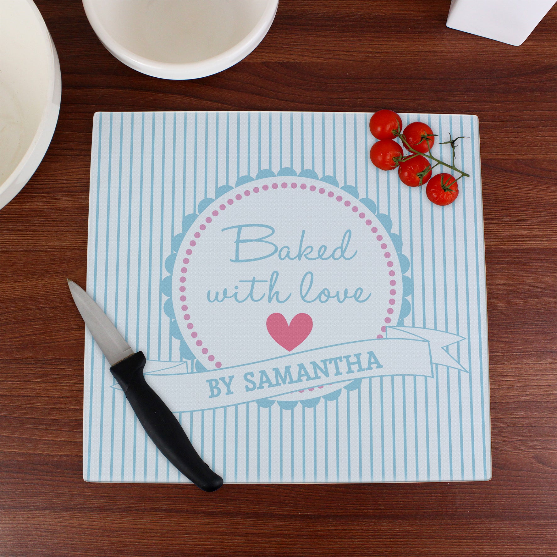 Personalised Baked With Love Glass Chopping Board/Worktop Saver