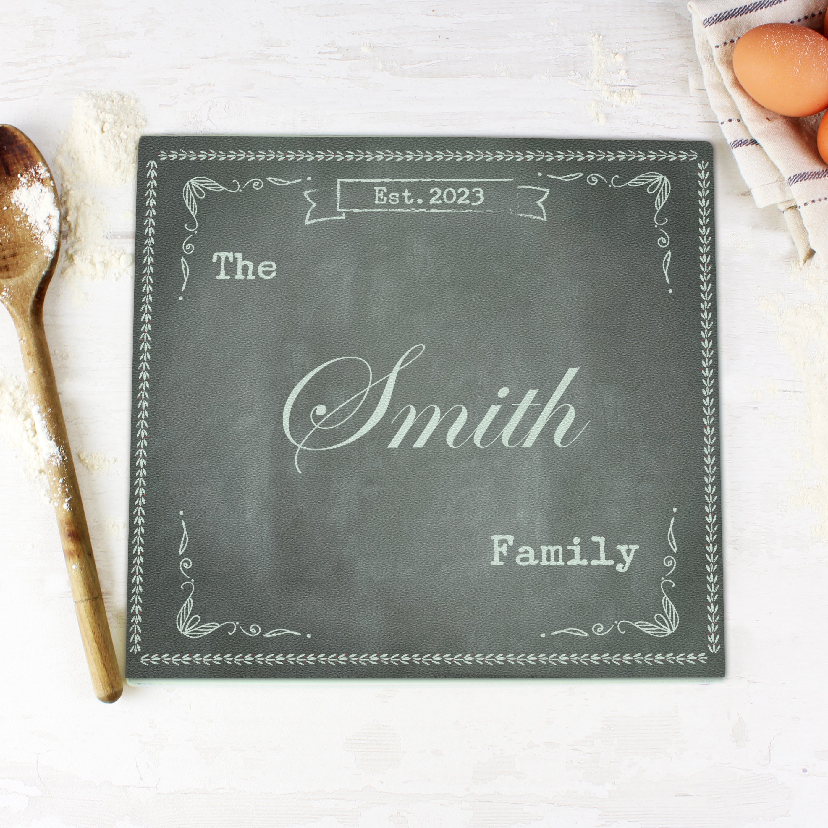 Personalised Family Chalk Glass Chopping Board/Worktop Saver