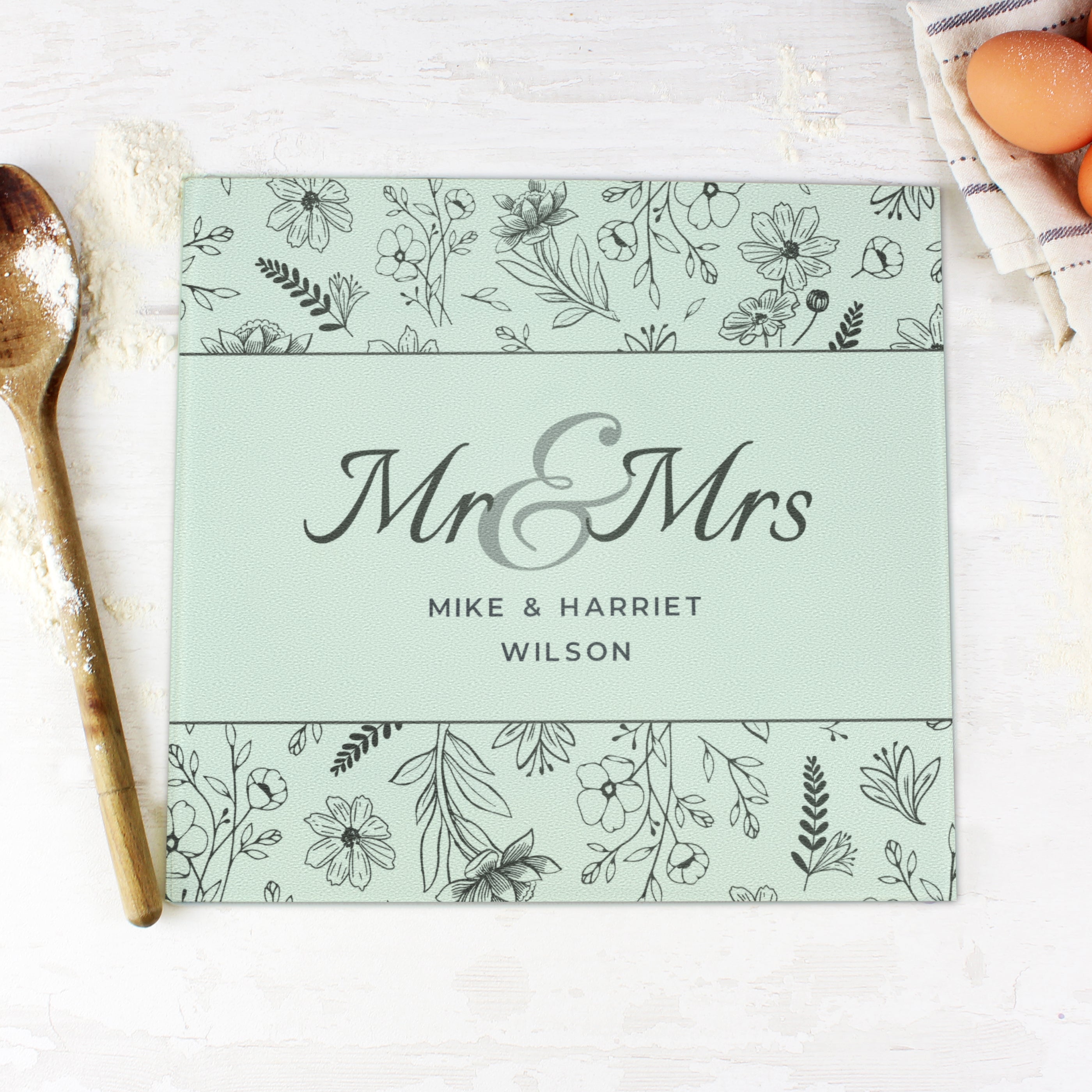 Personalised Mr & Mrs Botanical Glass Chopping Board/Worktop Saver