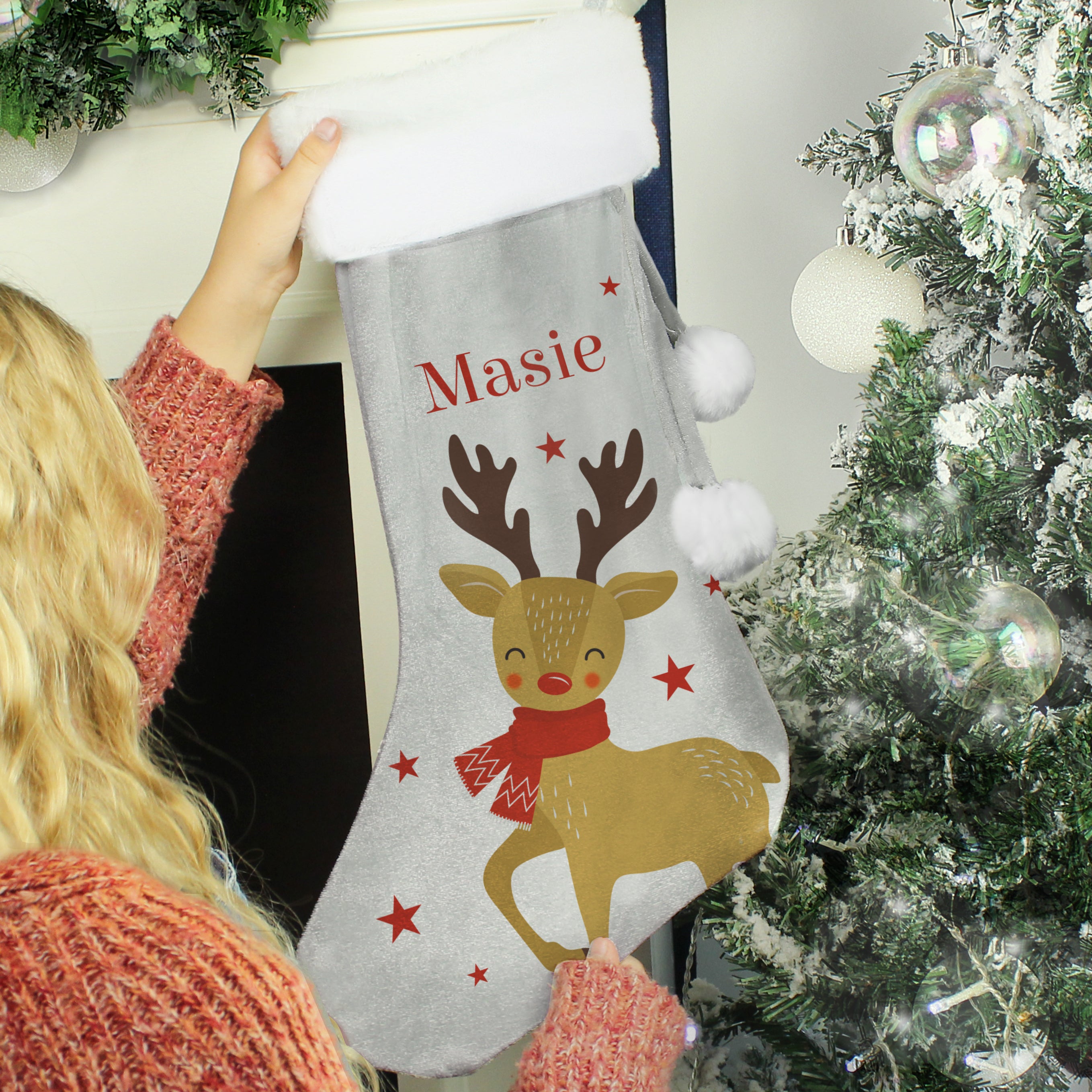 Personalised Reindeer Silver Grey Stocking