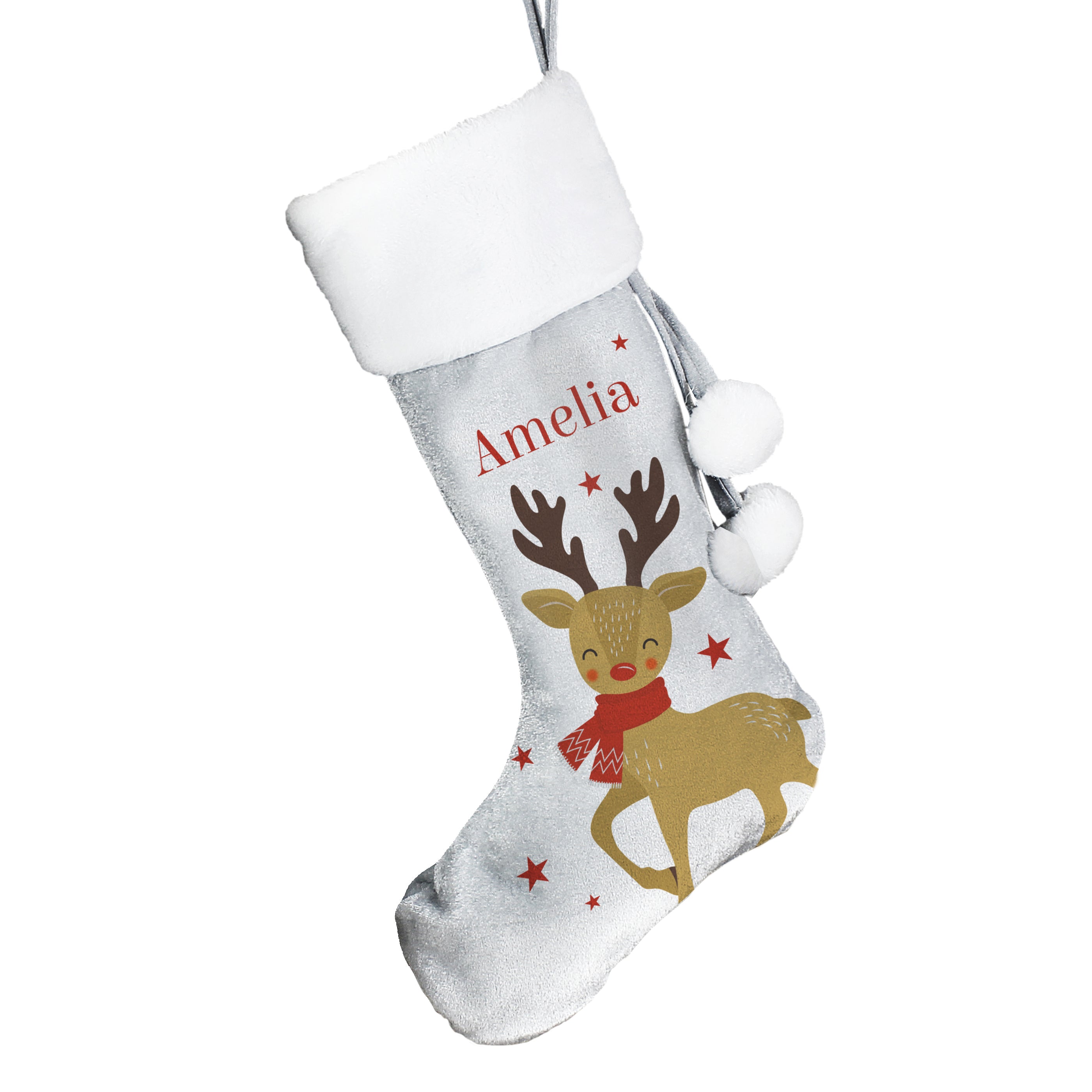 Personalised Reindeer Silver Grey Stocking