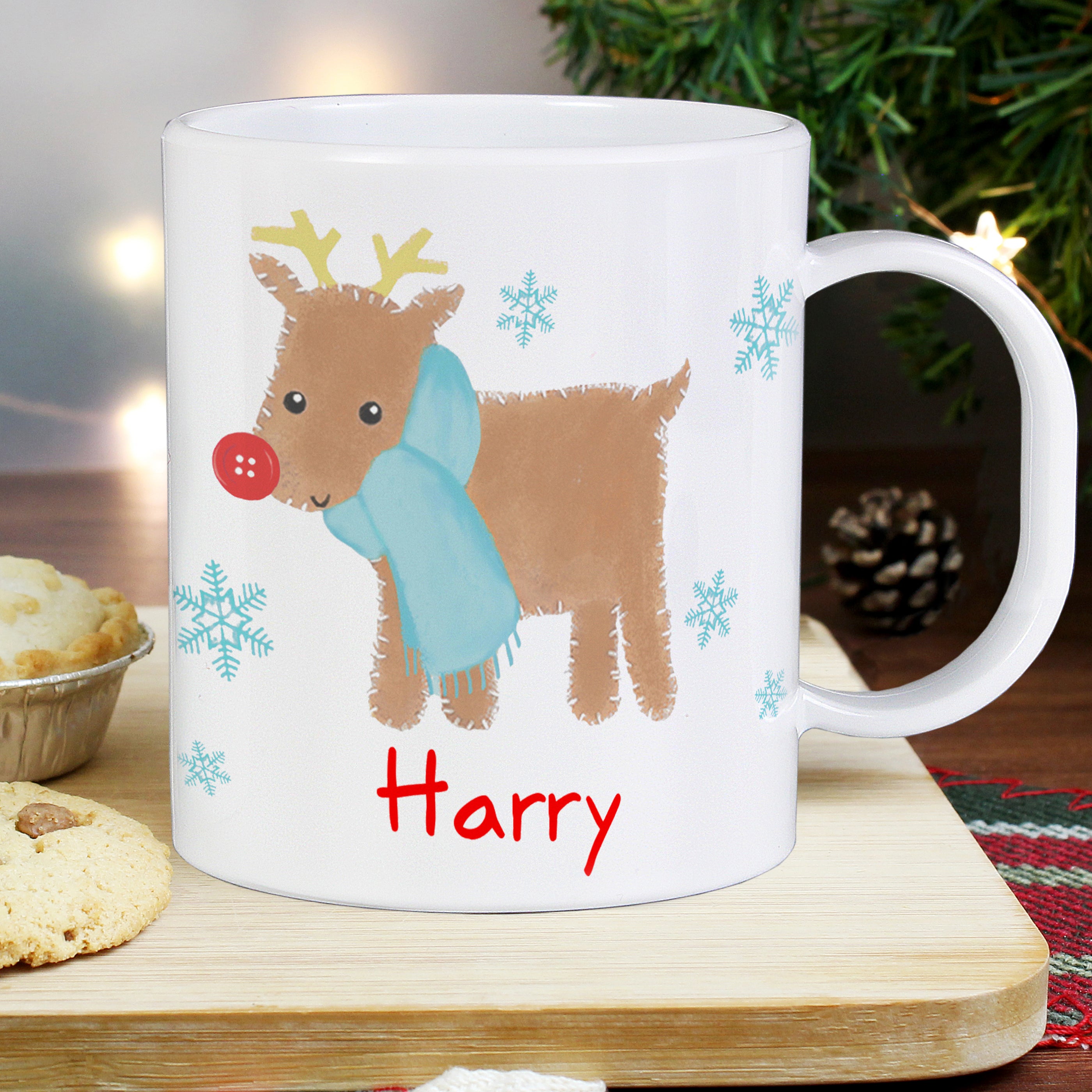 Personalised Felt Stitch Reindeer Plastic Mug