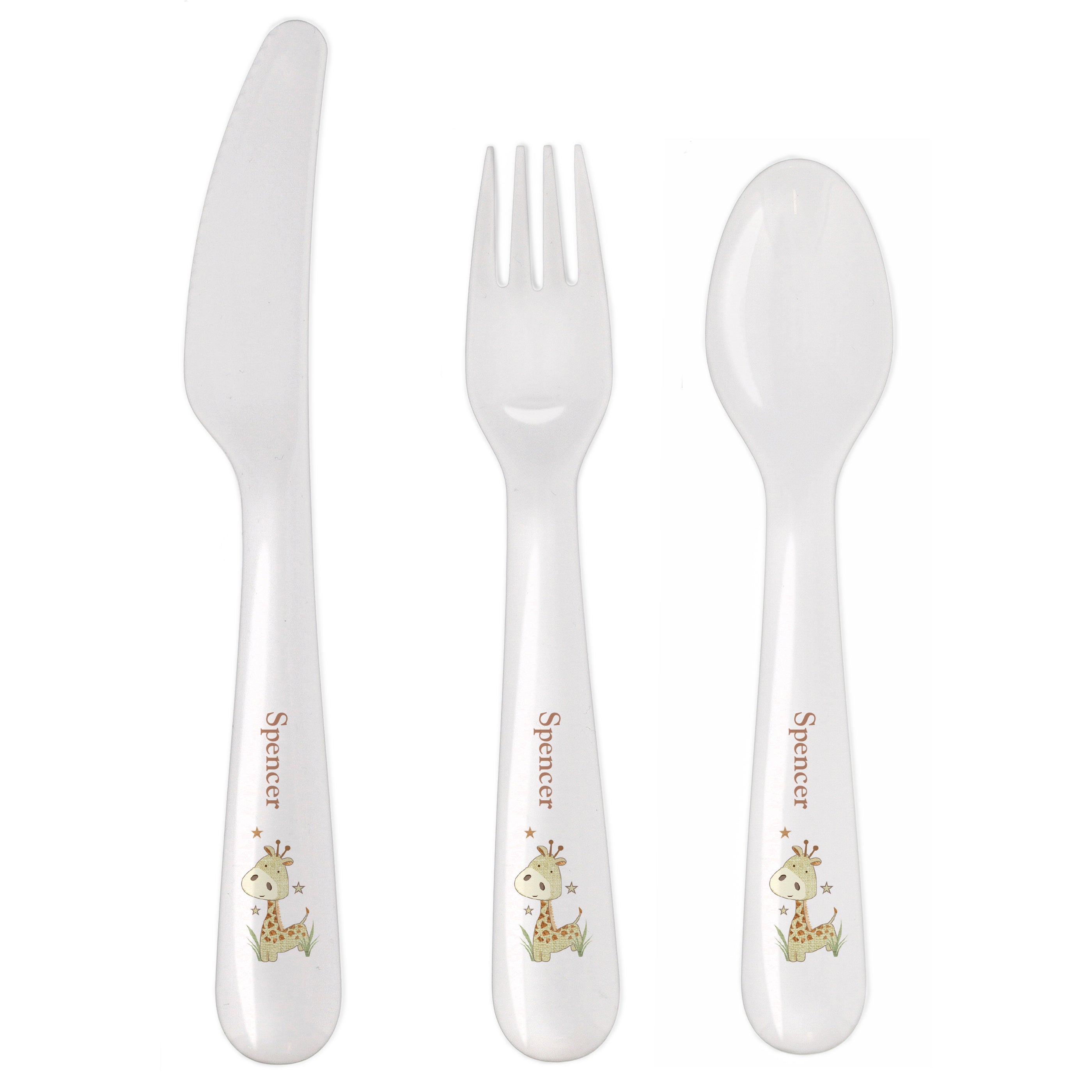 Personalised Hessian Giraffe 3 Piece Plastic Cutlery Set