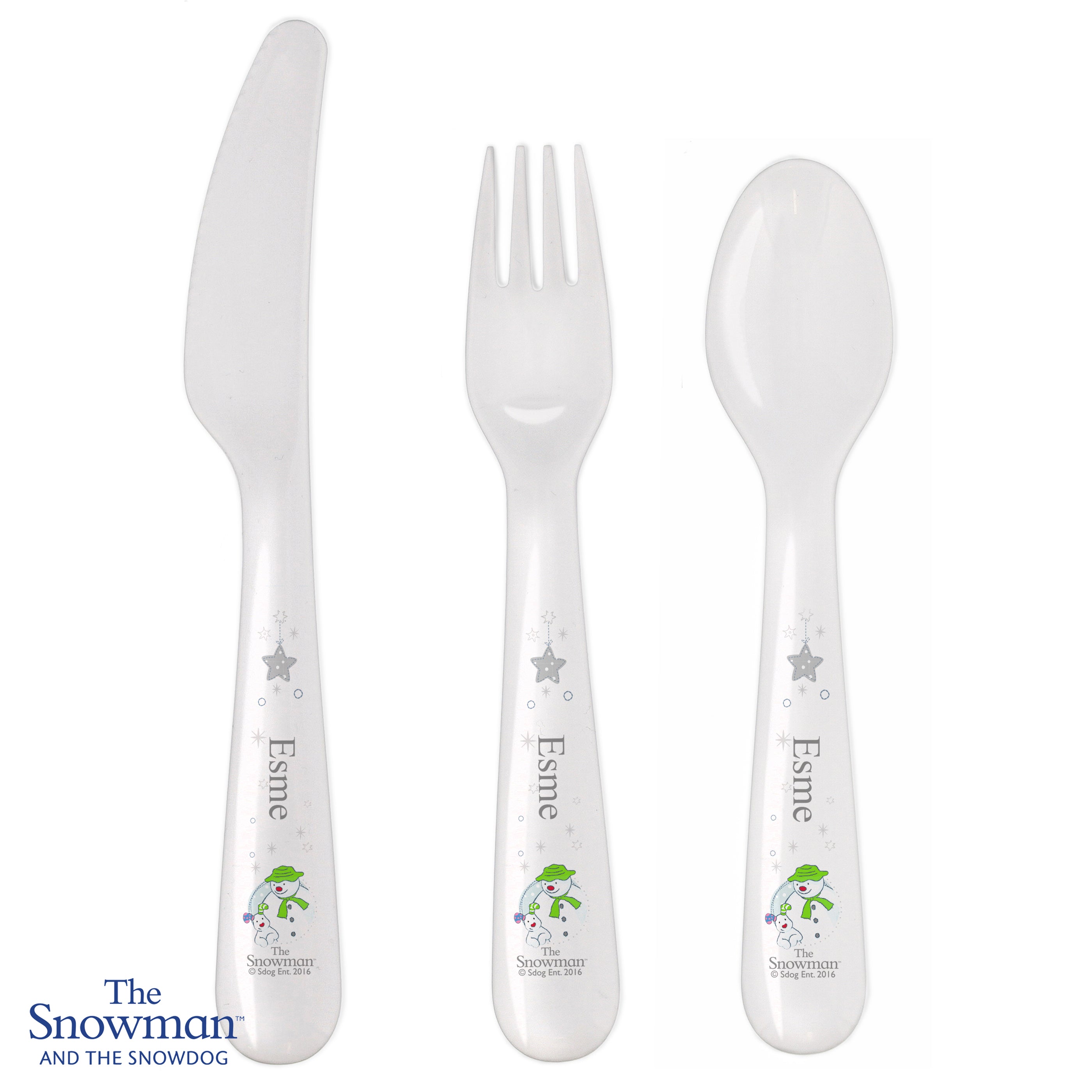 Personalised The Snowman and the Snowdog 3 Piece Plastic Cutlery Set