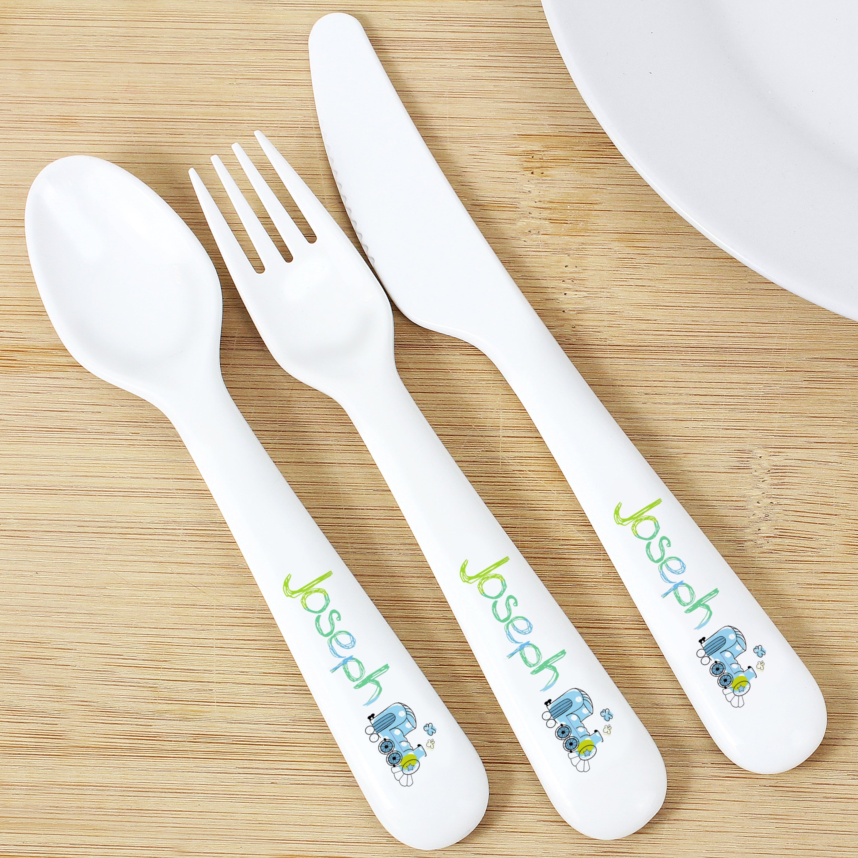 Personalised Patchwork Train 3 Piece Plastic Cutlery Set