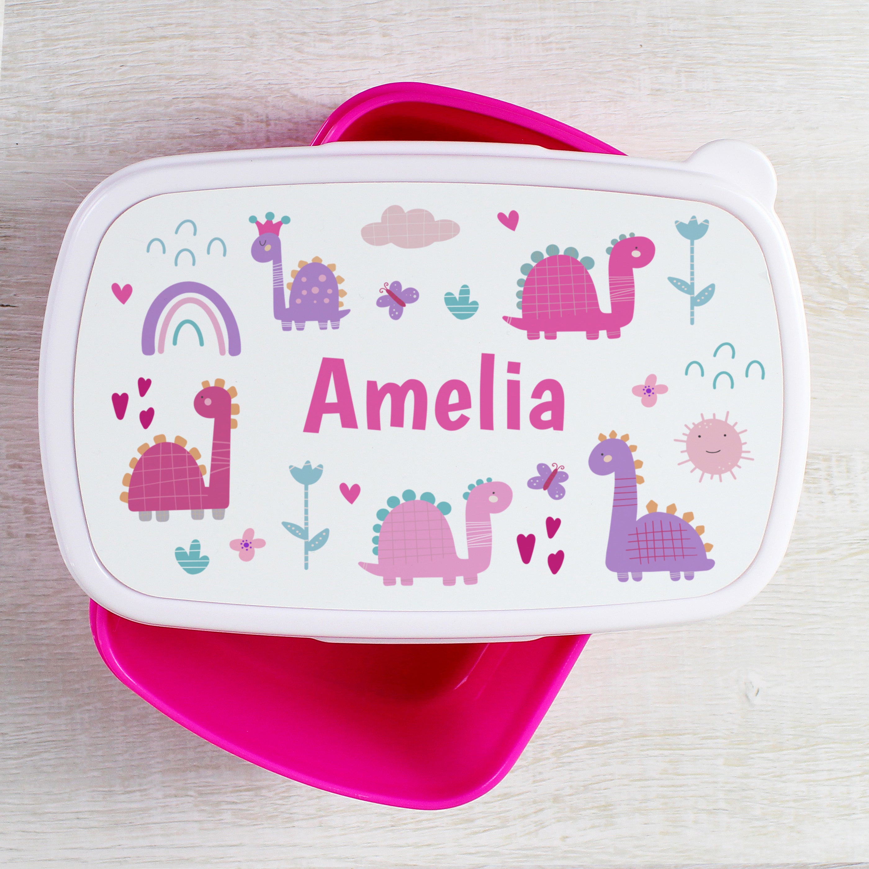 Personalised Girly Dinosaurs Name Only Pink Lunch Box