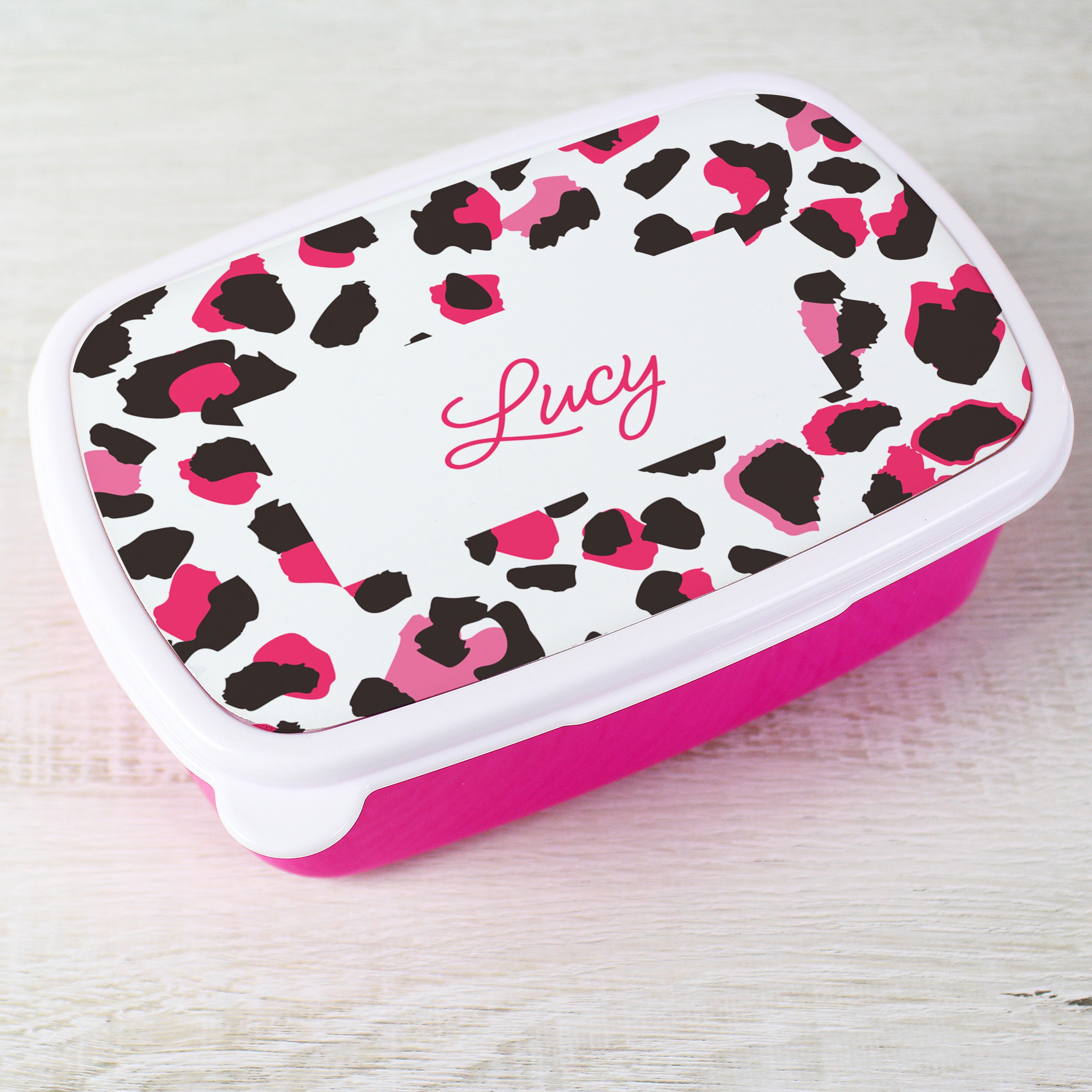 Personalised Leopard Print Name Only Pink Lunch Box