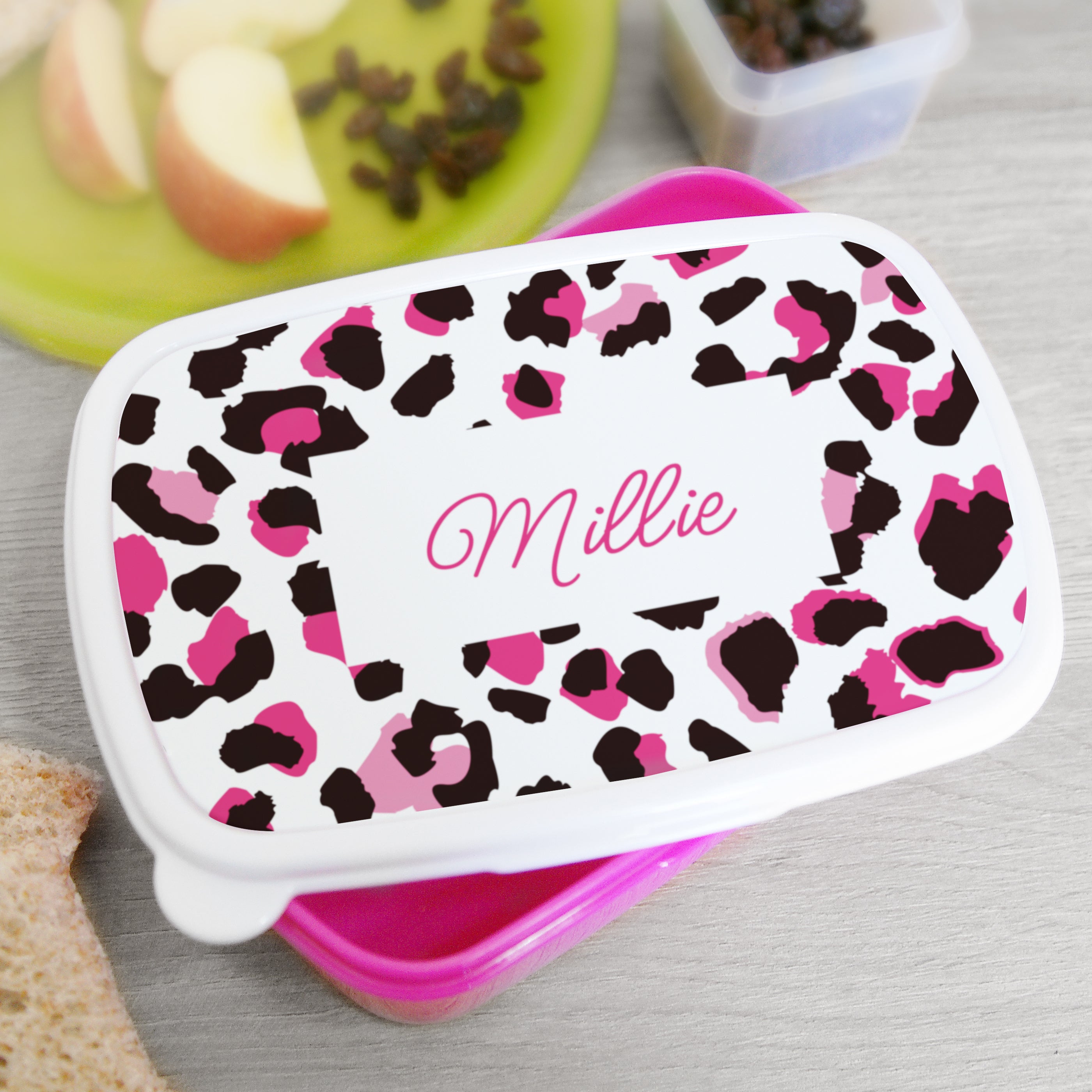 Personalised Leopard Print Name Only Pink Lunch Box