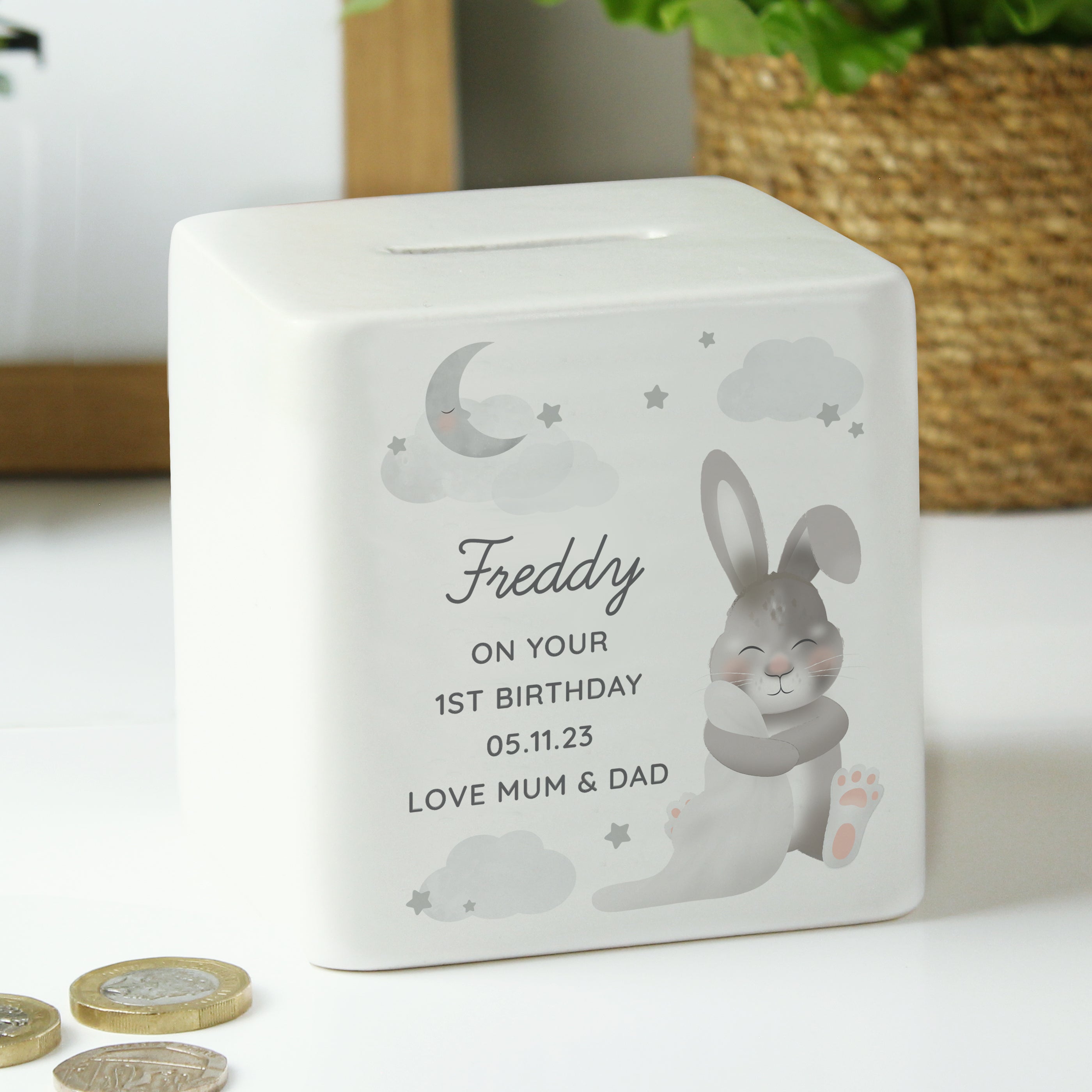 Personalised Baby Bunny Ceramic Square Money Box