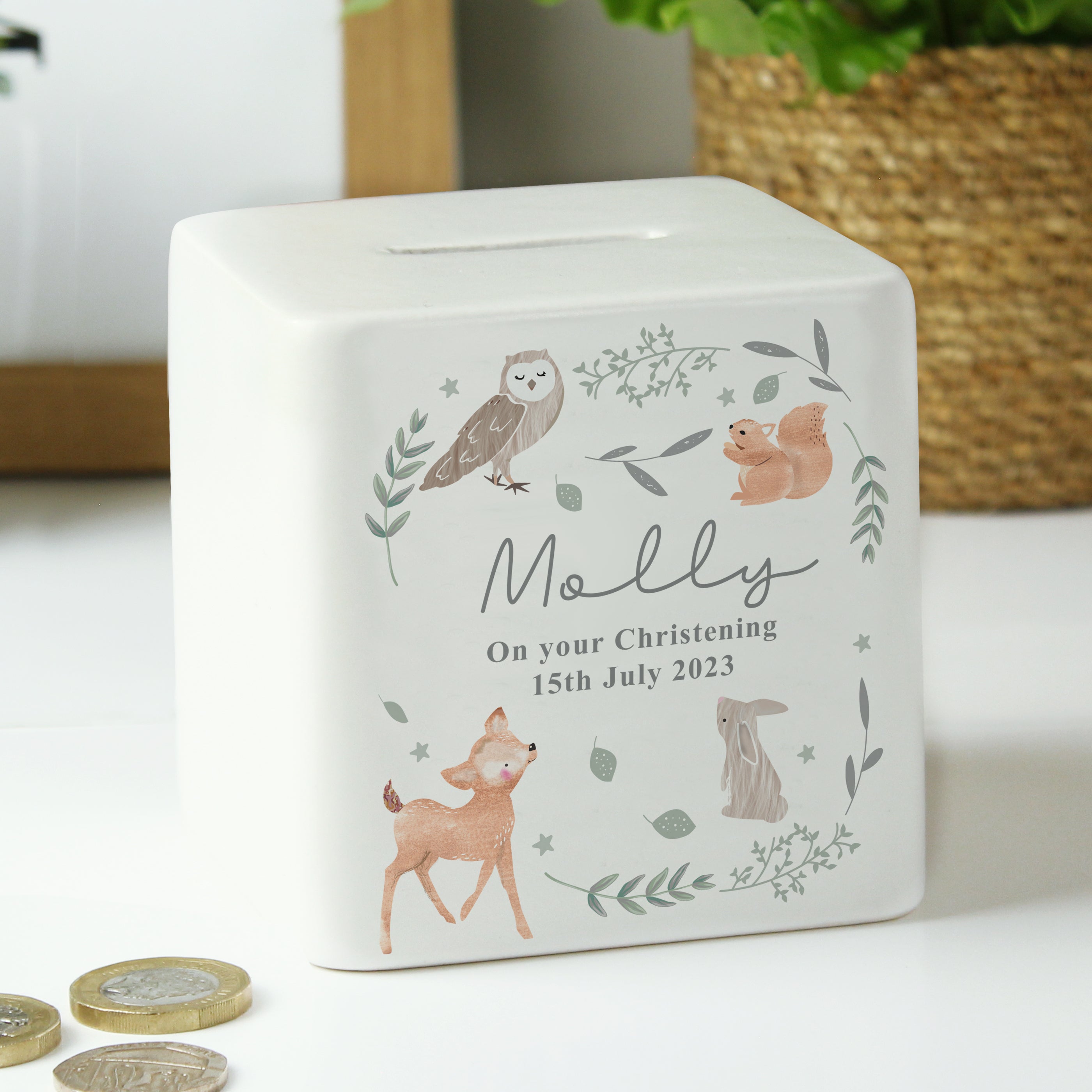 Personalised Woodland Animals Ceramic Square Money Box