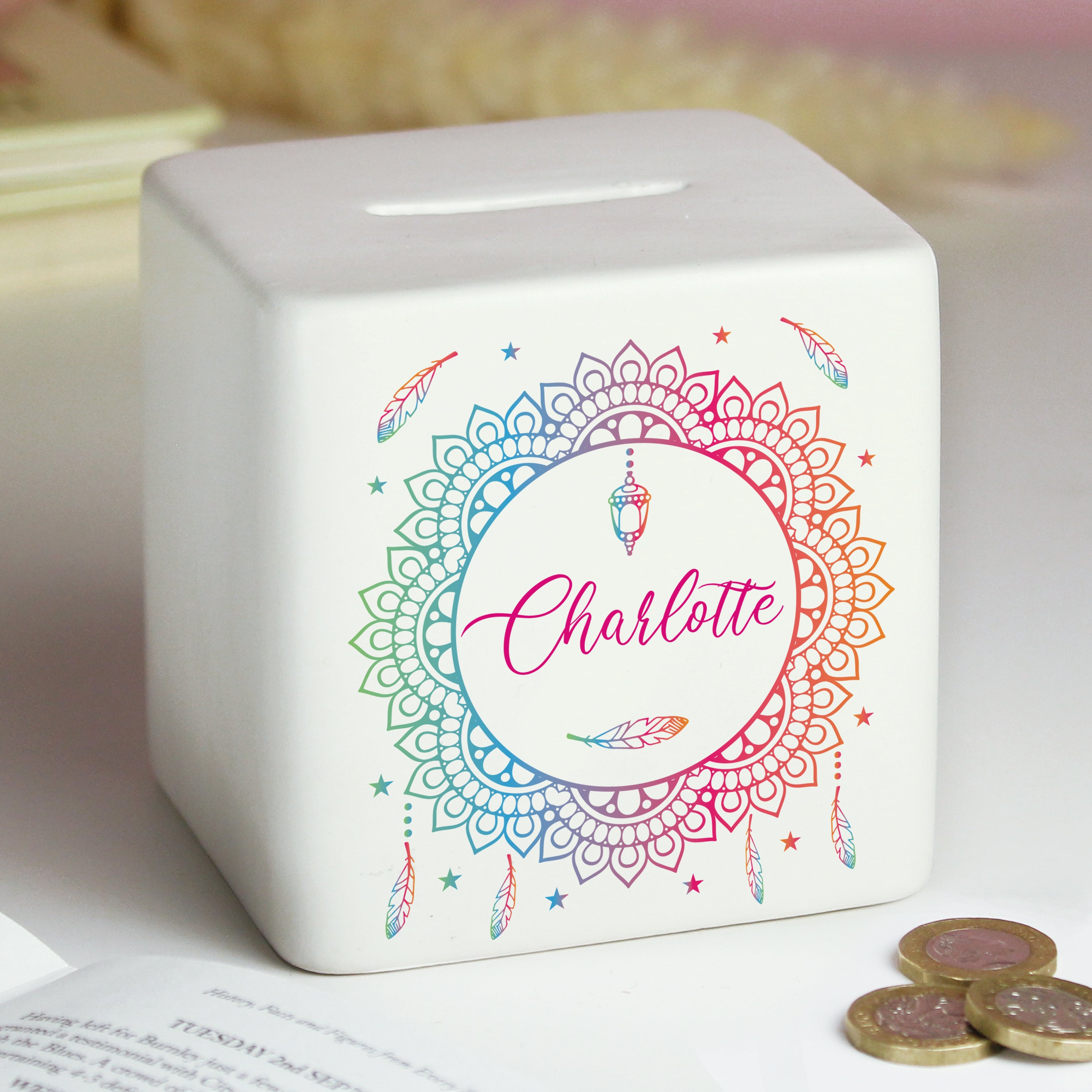 Personalised Dreamcatcher Ceramic Square Money Box