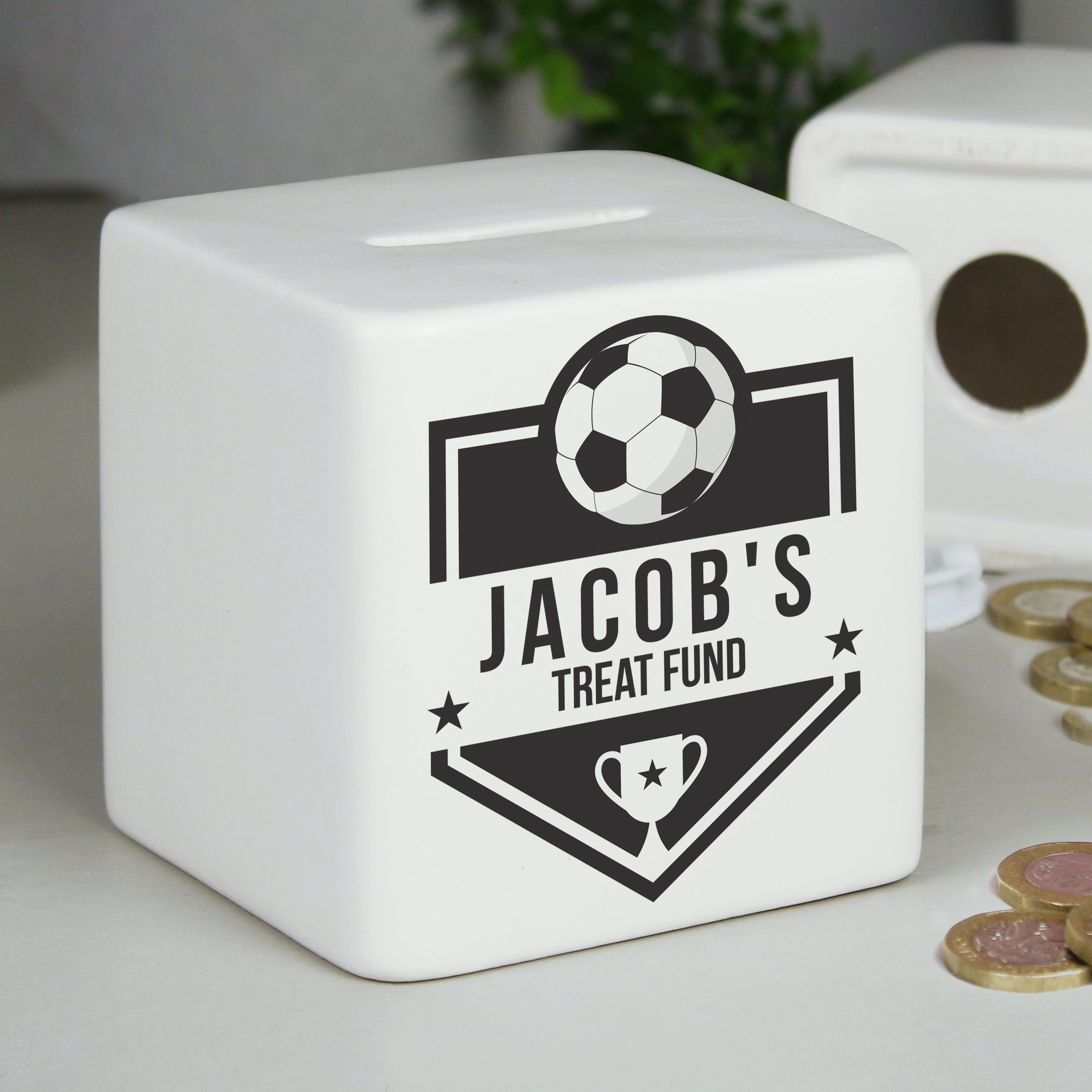 Personalised Football Badge Ceramic Square Money Box