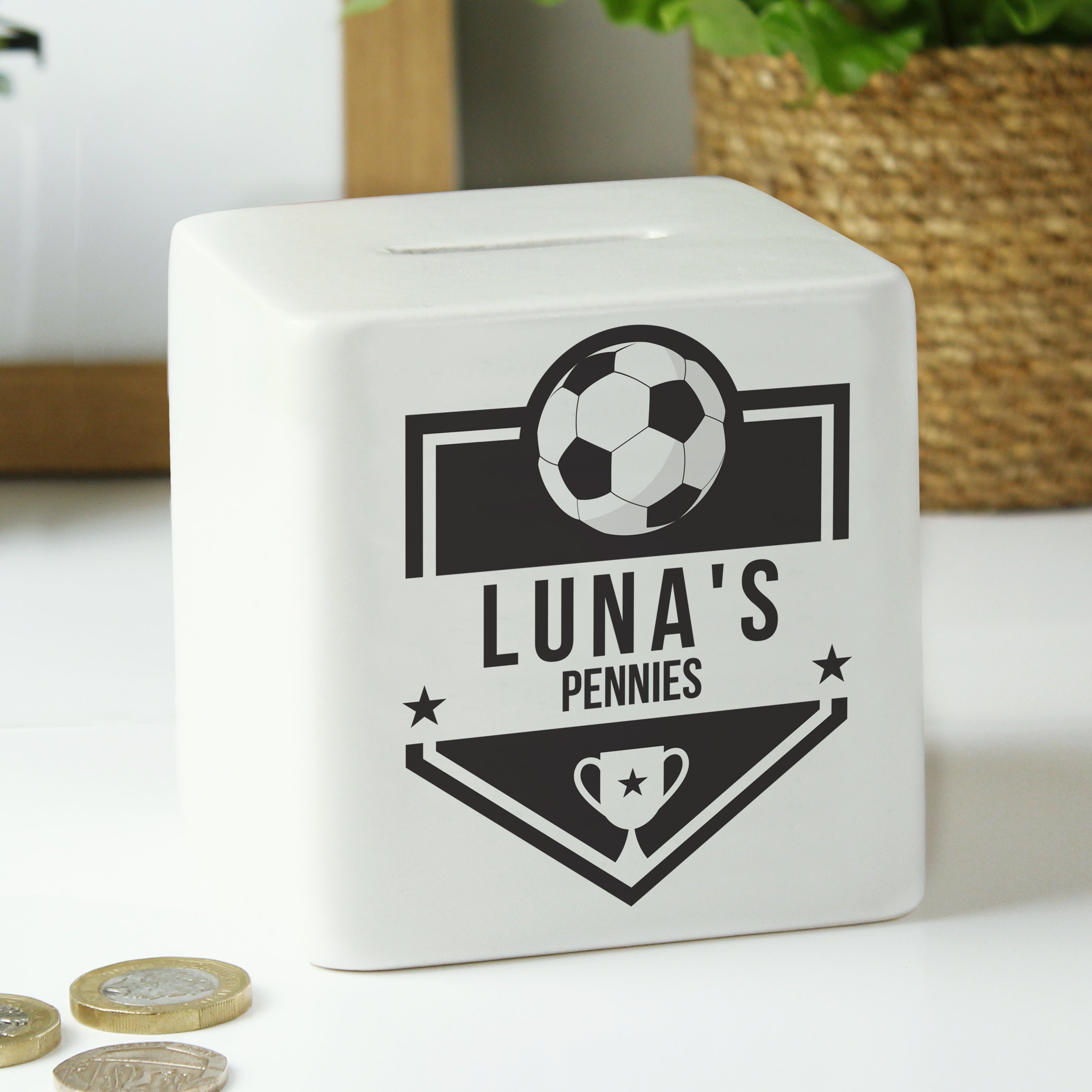 Personalised Football Badge Ceramic Square Money Box