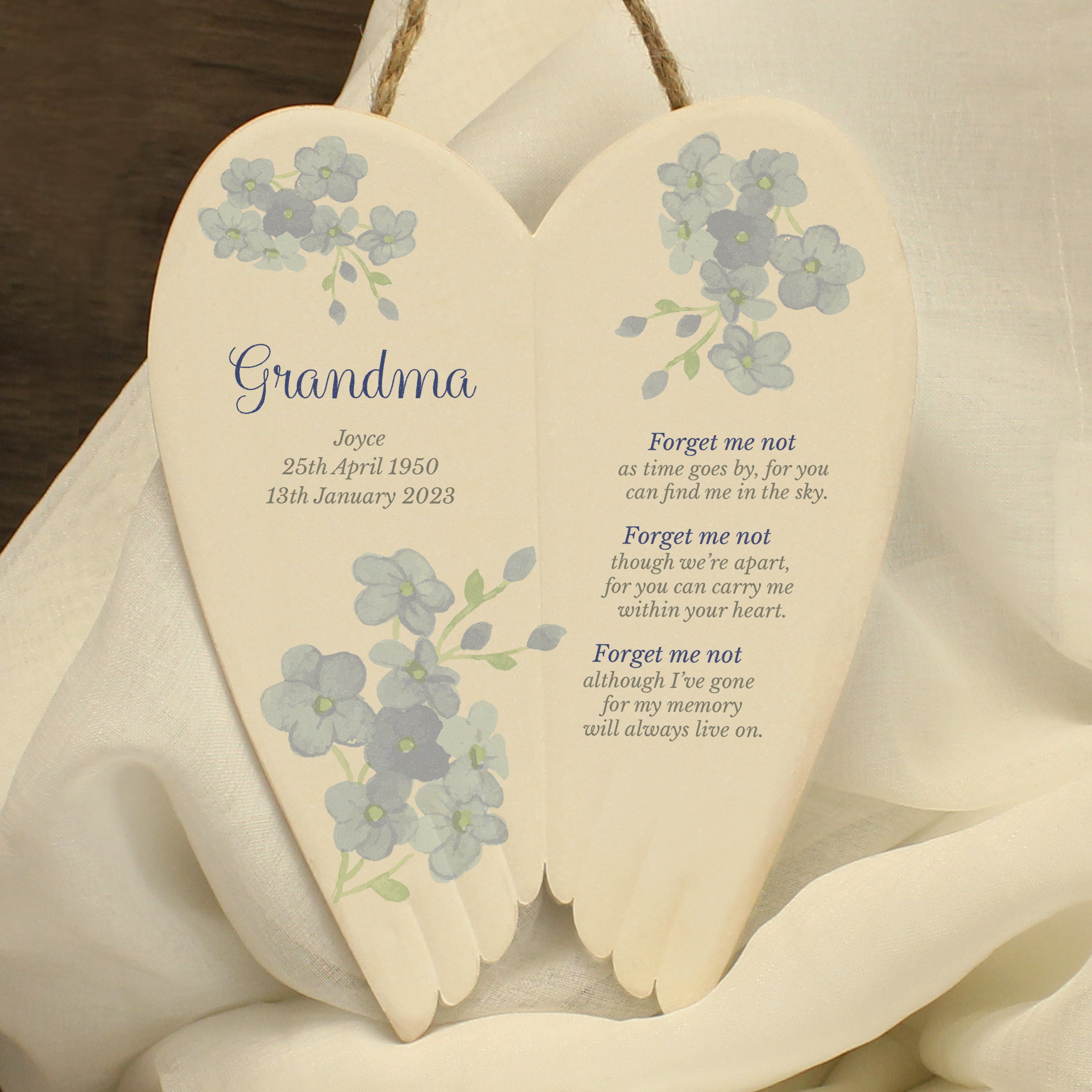 Personalised Forget Me Not Memorial Ceramic Wings