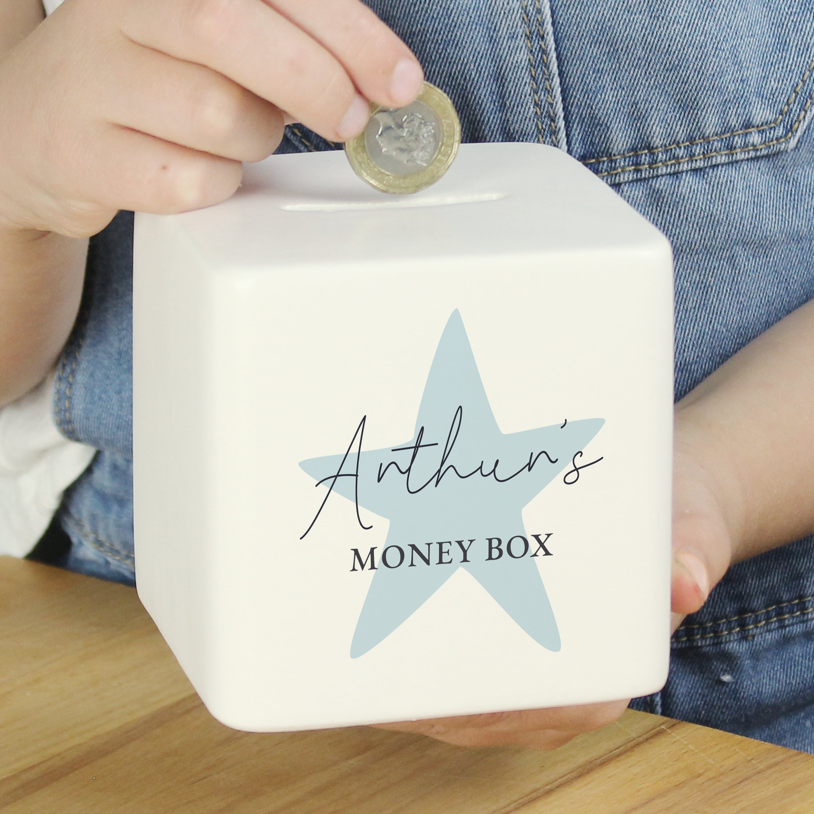 Personalised Blue Star Ceramic Square Money Box