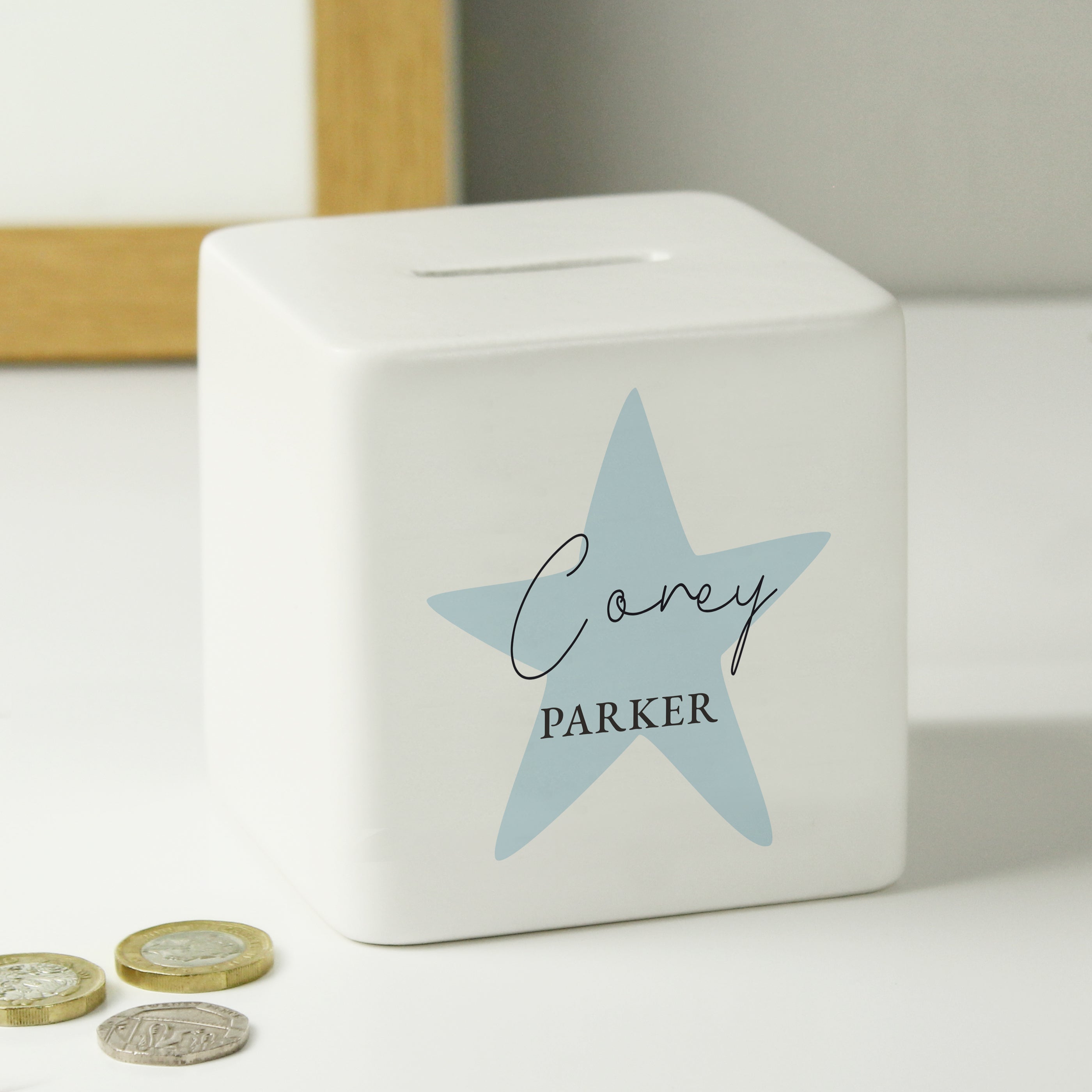 Personalised Blue Star Ceramic Square Money Box