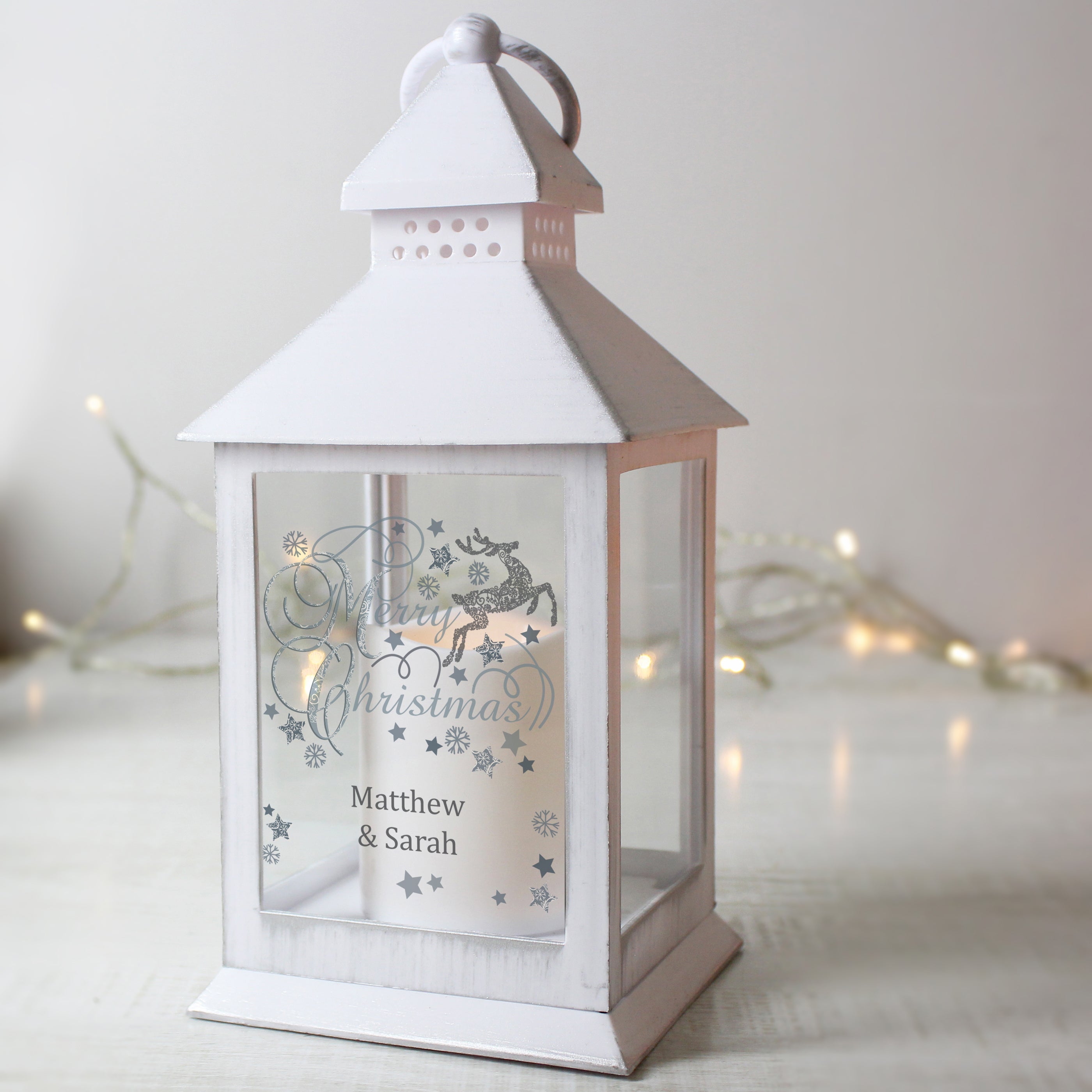 Personalised Silver Reindeer White Lantern