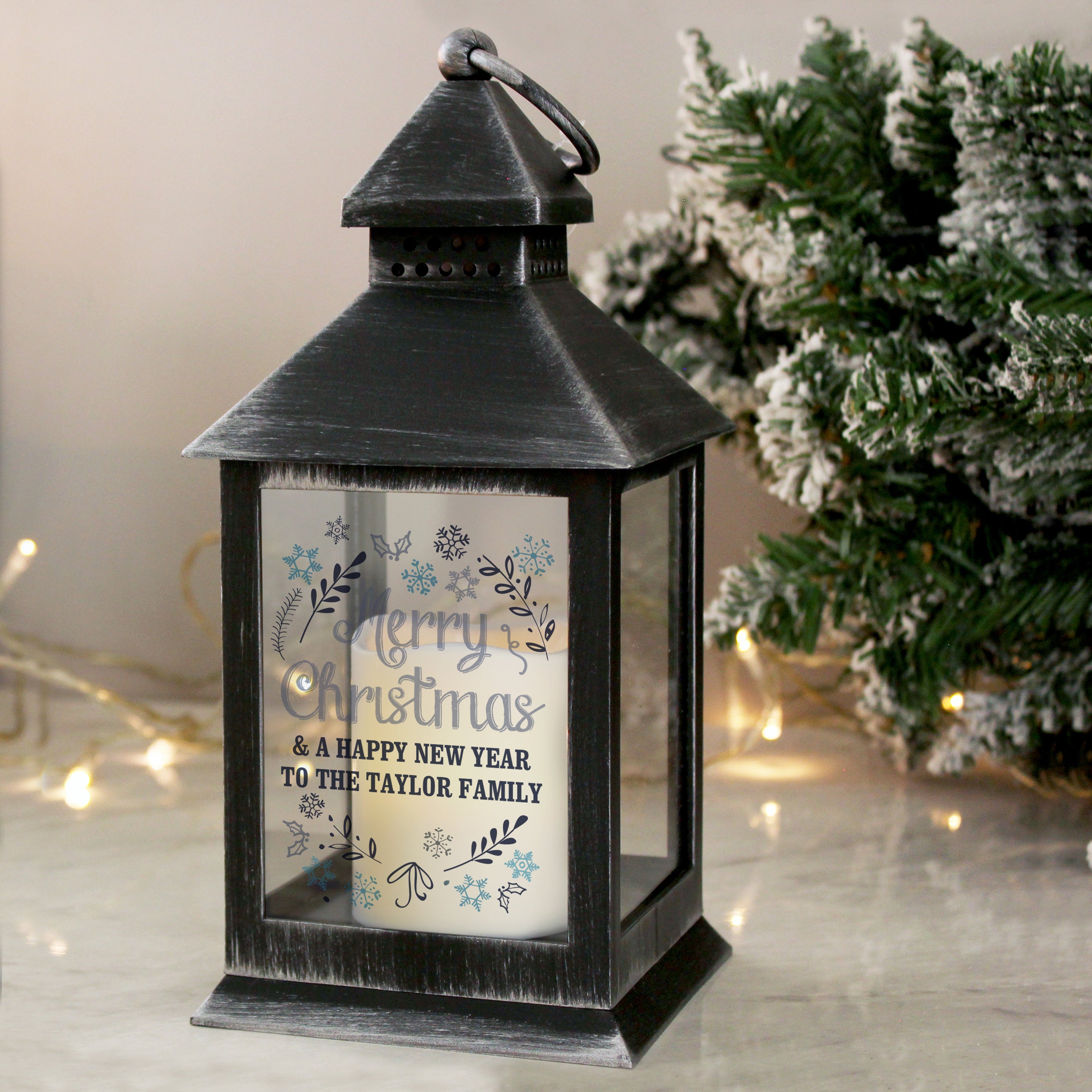 Personalised Christmas Frost Rustic Black Lantern