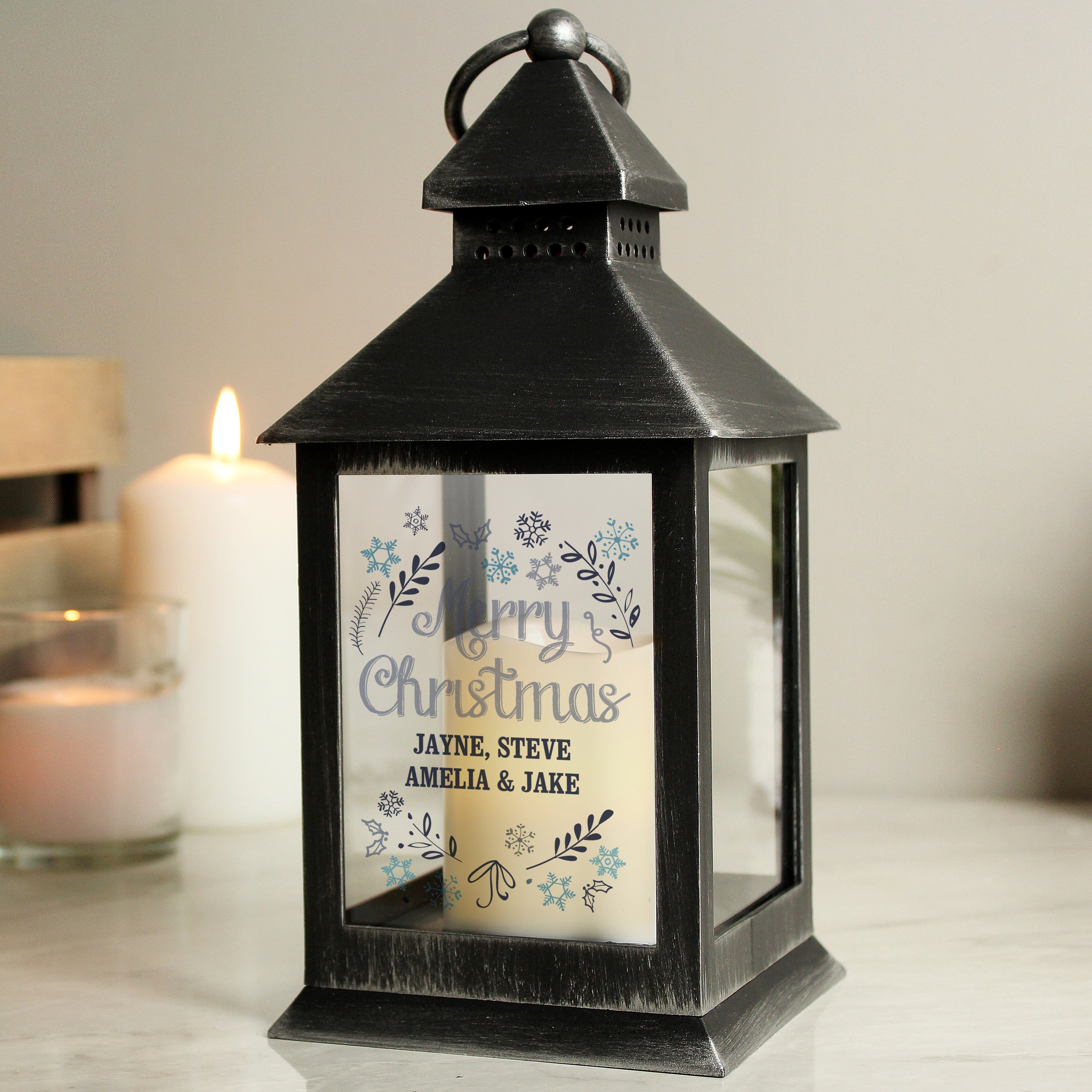 Personalised Christmas Frost Rustic Black Lantern