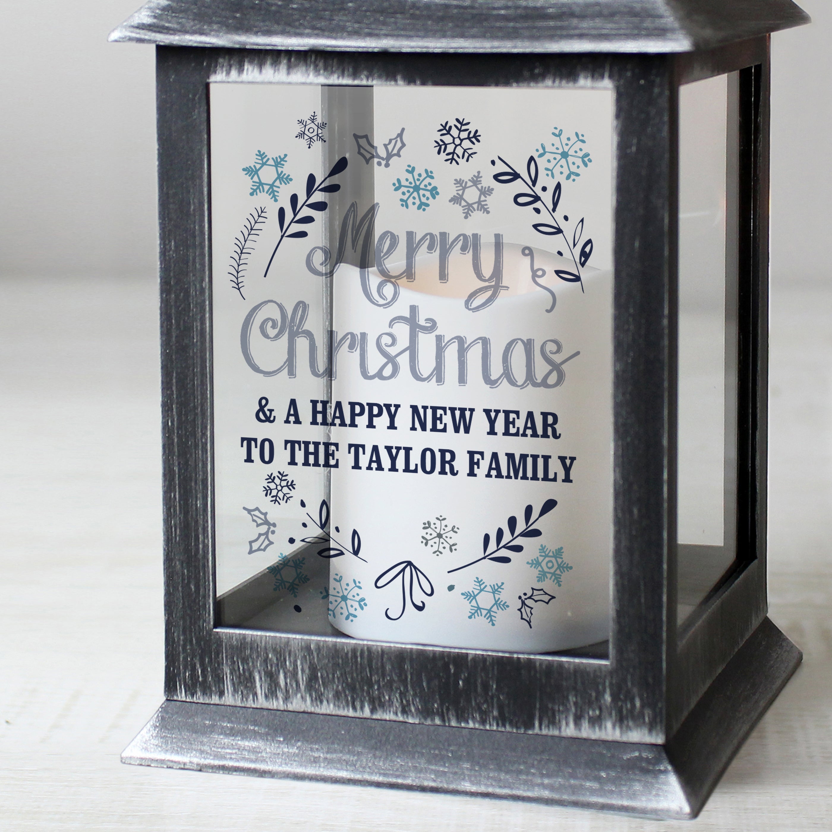 Personalised Christmas Frost Rustic Black Lantern