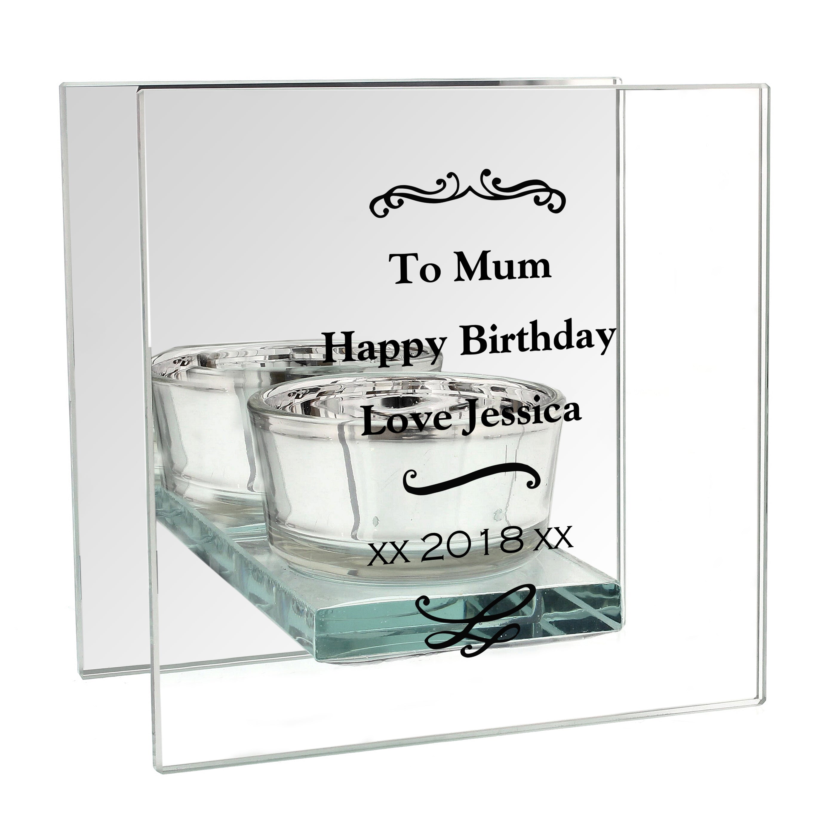 Personalised Antique Scroll Mirrored Glass Tea Light Candle Holder