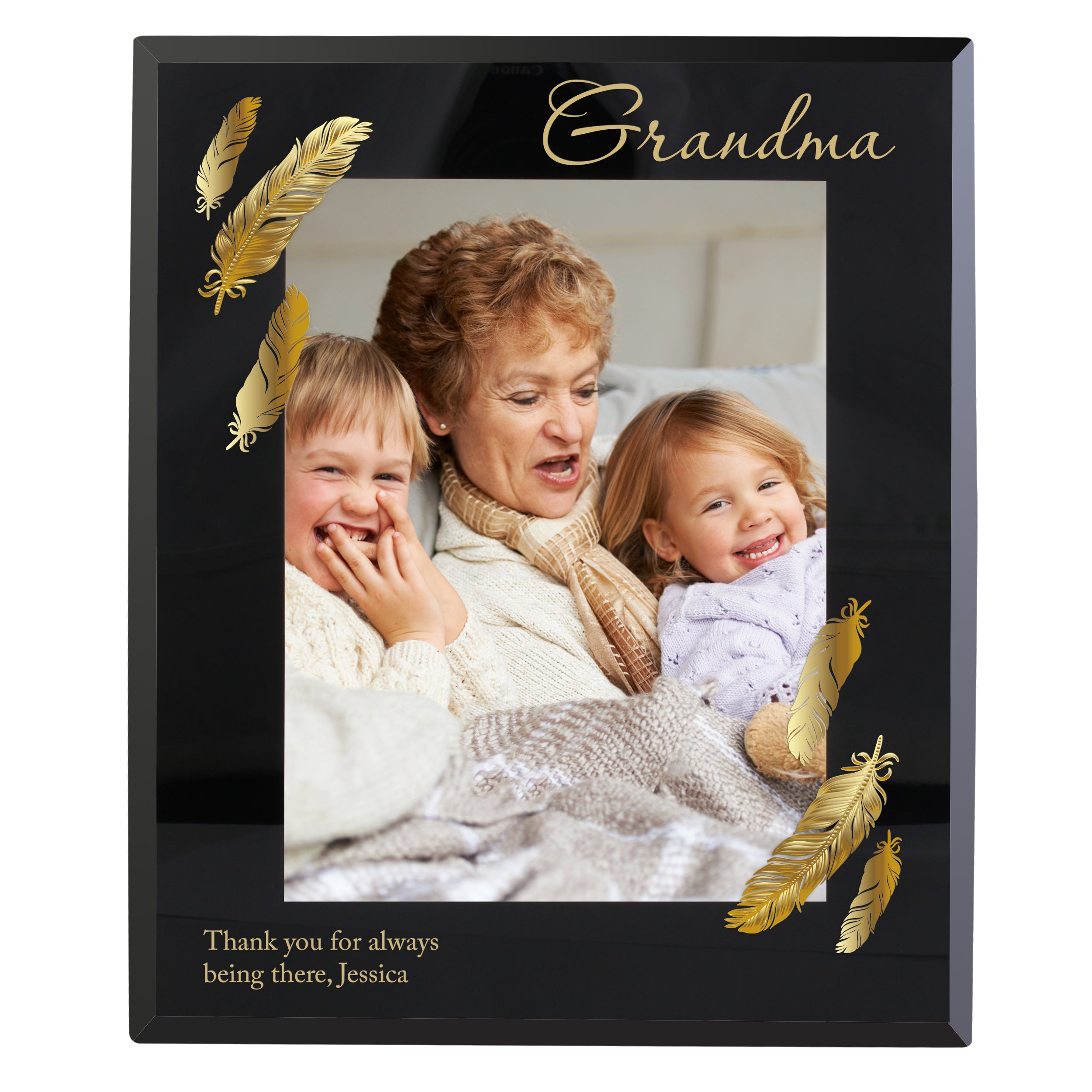 Personalised Golden Feather 5x7 Black Glass Photo Frame