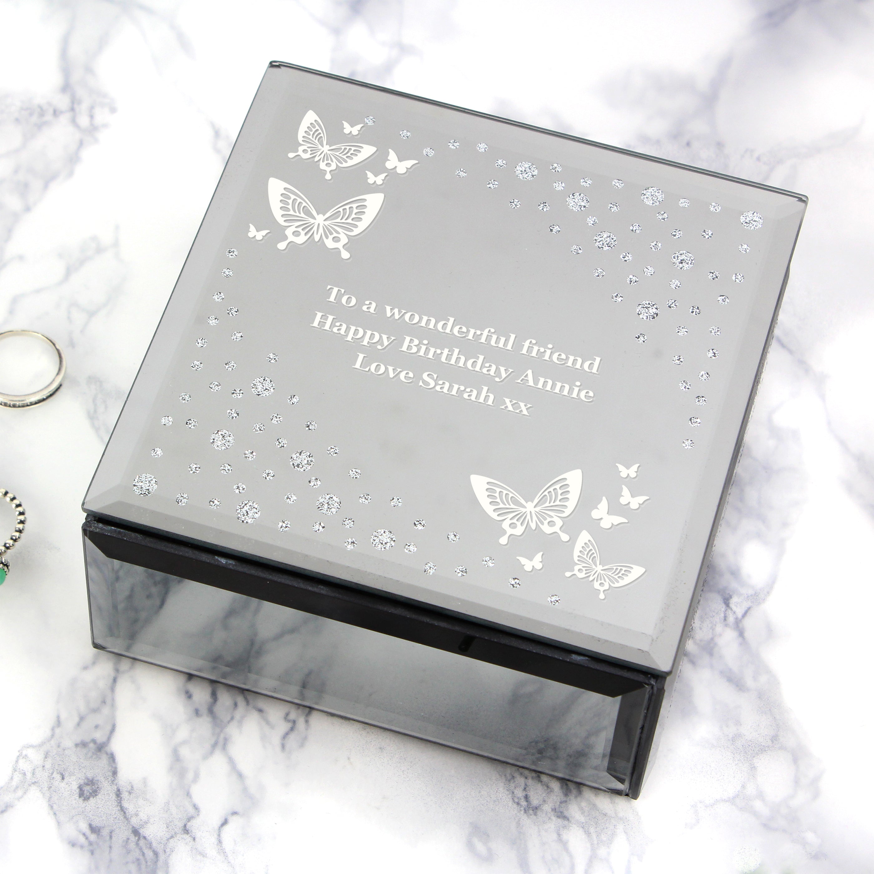 Personalised White Butterfly Diamante Glass Trinket Box