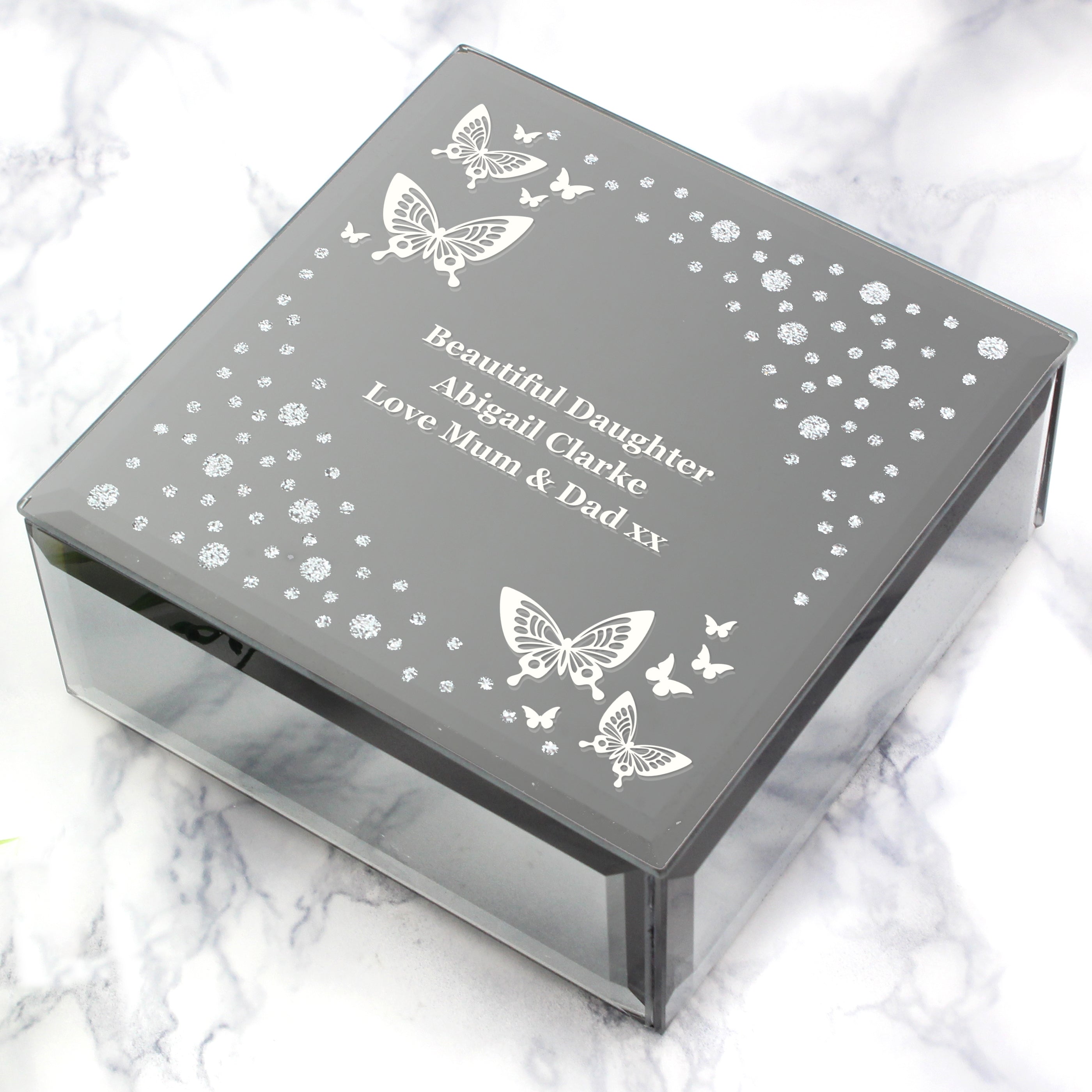 Personalised White Butterfly Diamante Glass Trinket Box