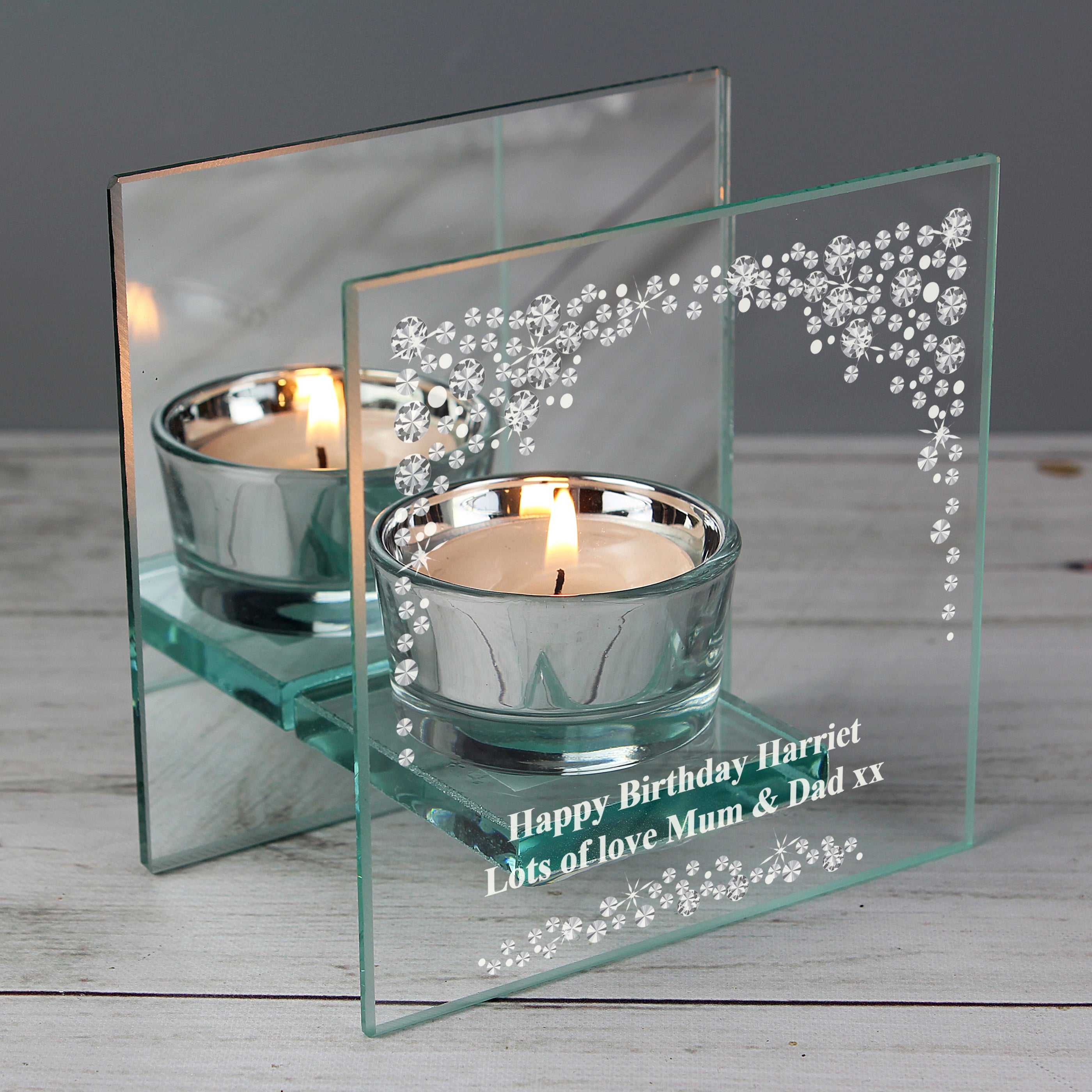 Personalised Diamante Effect Mirrored Glass Tea Light Candle Holder