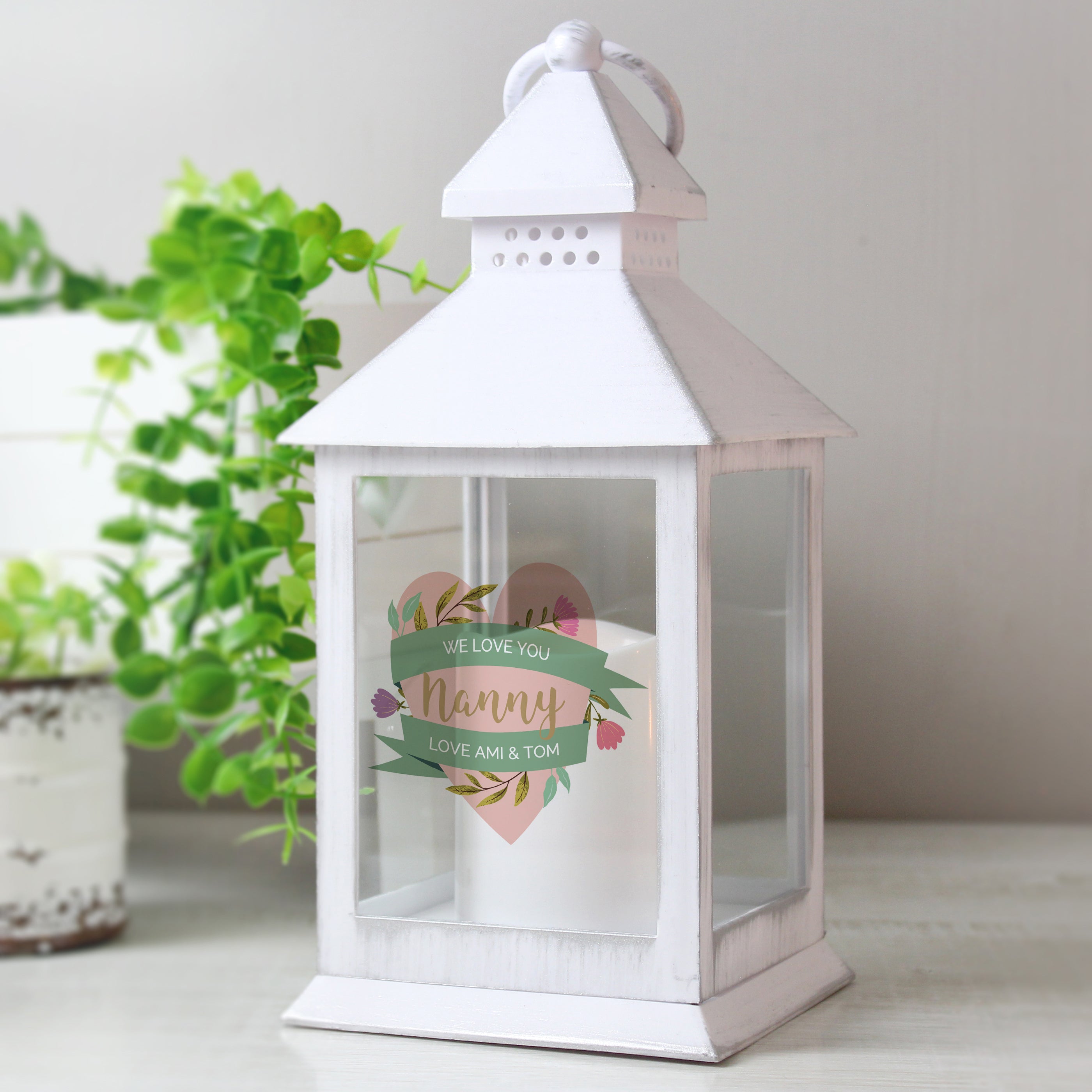 Personalised Floral Heart Mothers Day White Lantern