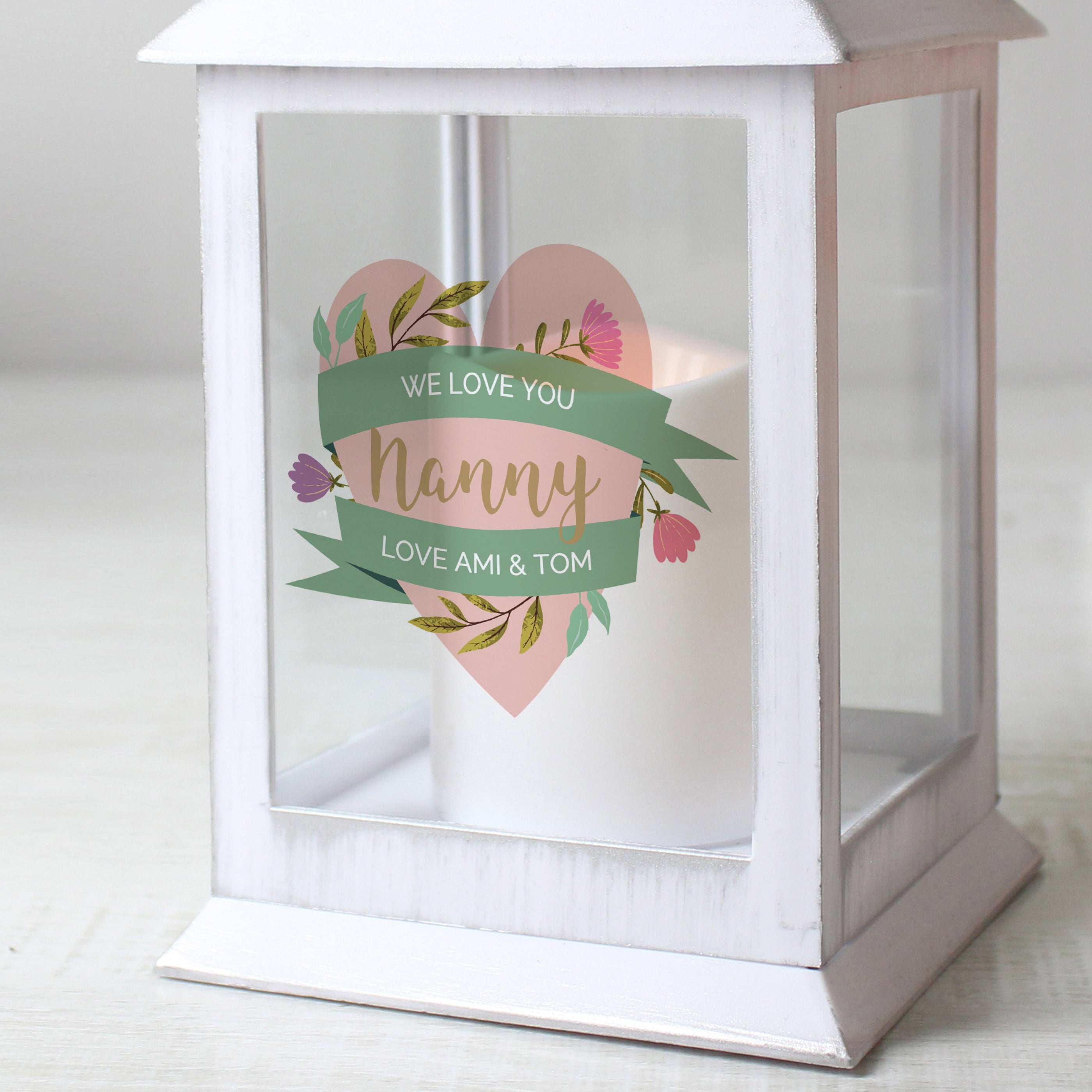 Personalised Floral Heart Mothers Day White Lantern