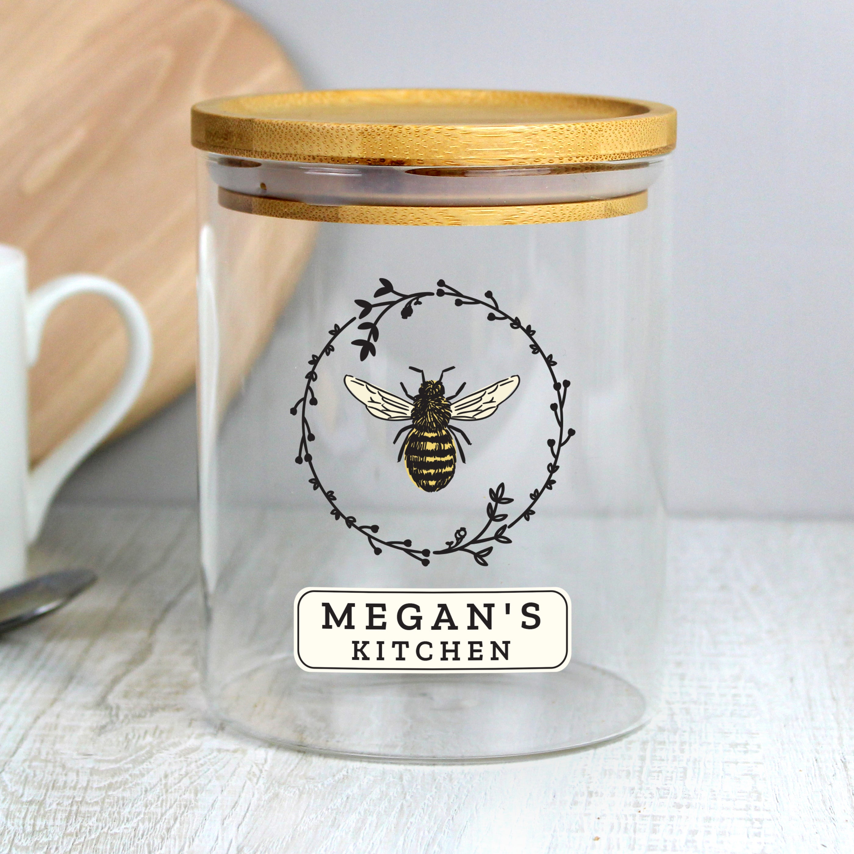 Personalised Bee Glass Jar with Bamboo Lid