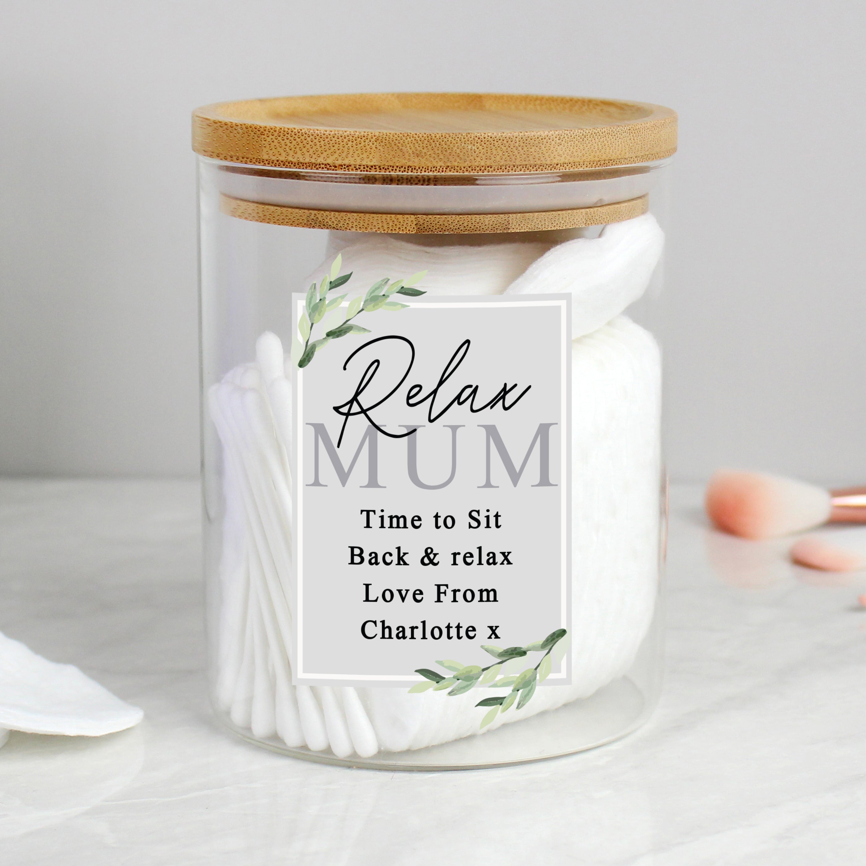 Personalised Botanical Glass Jar with Bamboo Lid