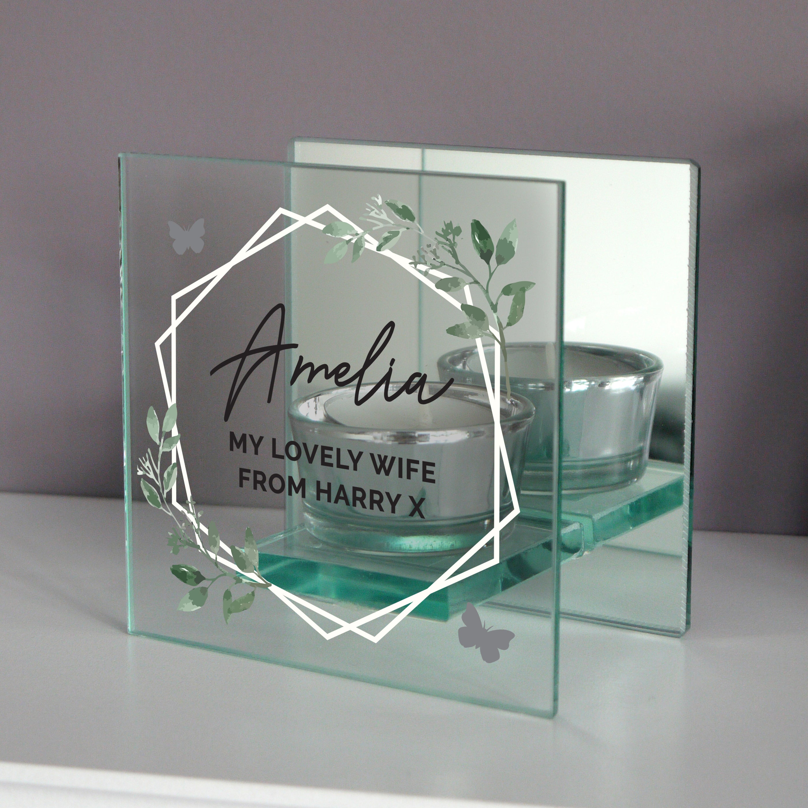 Personalised Botanical Mirrored Glass Tea Light Candle Holder