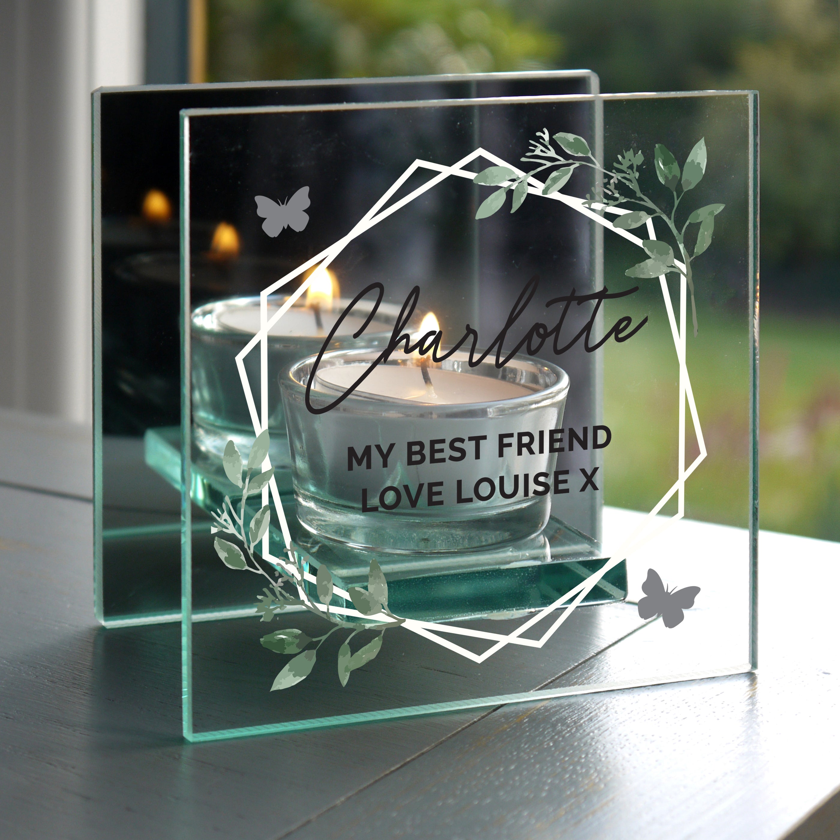 Personalised Botanical Mirrored Glass Tea Light Candle Holder