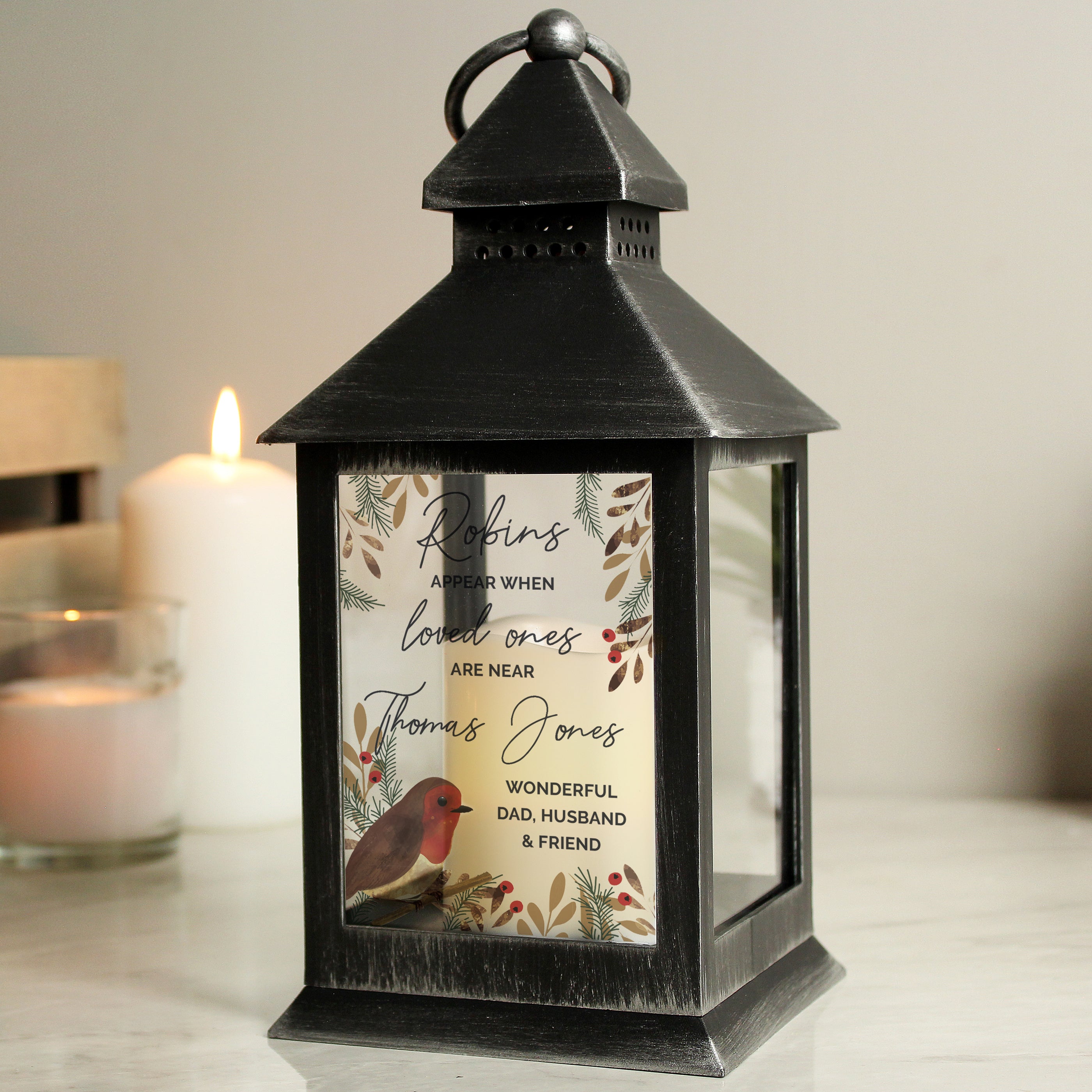 Personalised Robins Appear.. Memorial Black Lantern