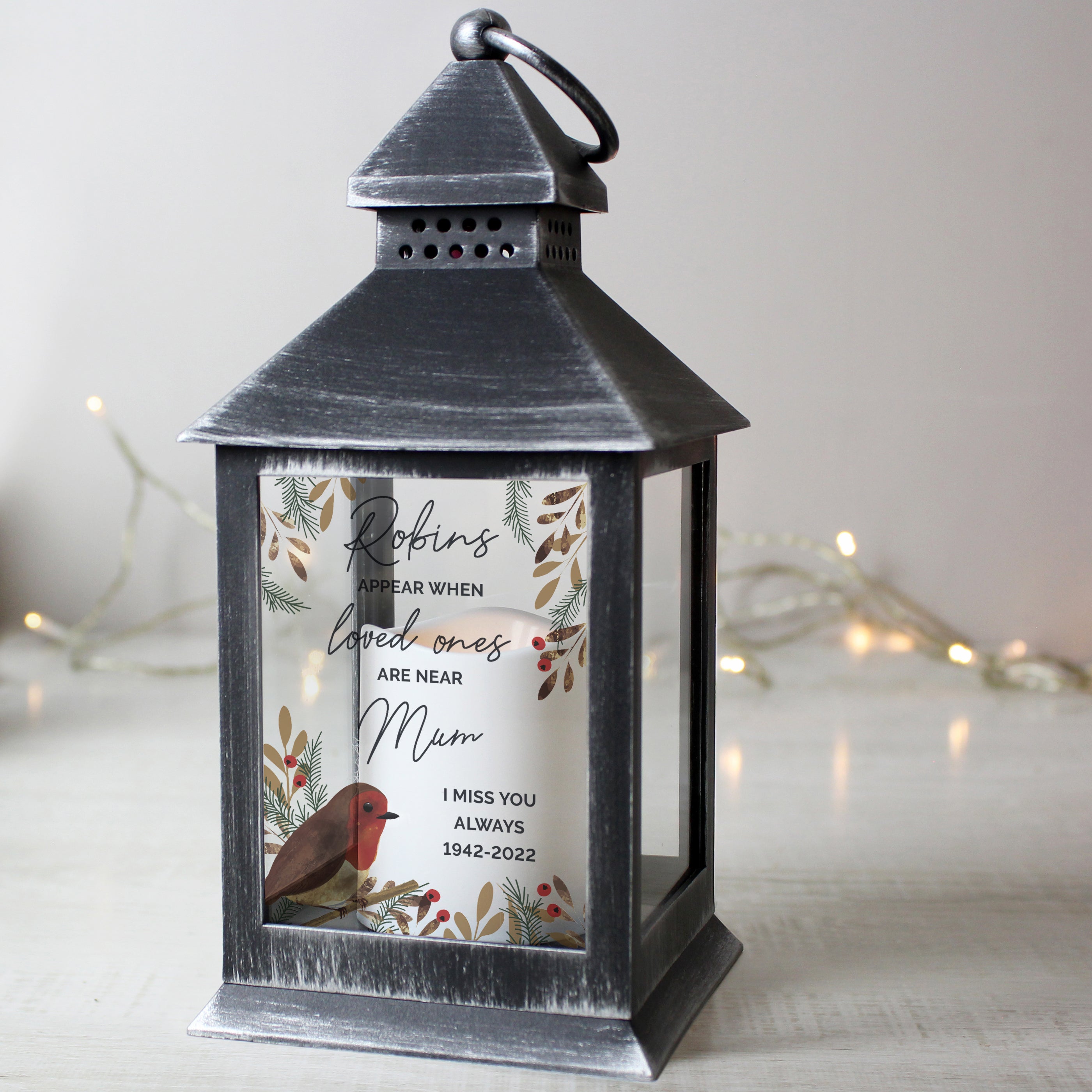 Personalised Robins Appear.. Memorial Black Lantern