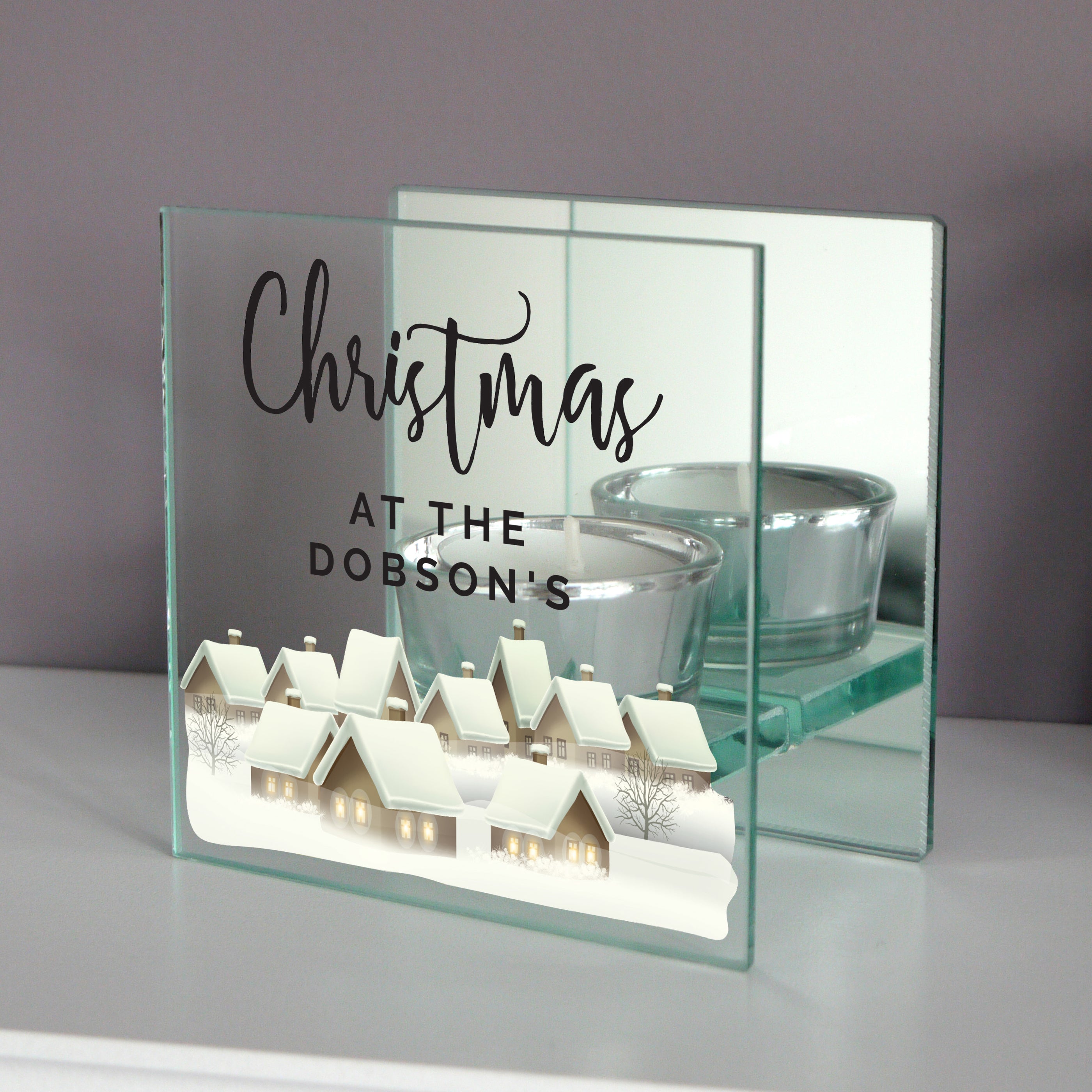 Personalised Christmas Village Mirrored Glass Tea Light Candle Holder