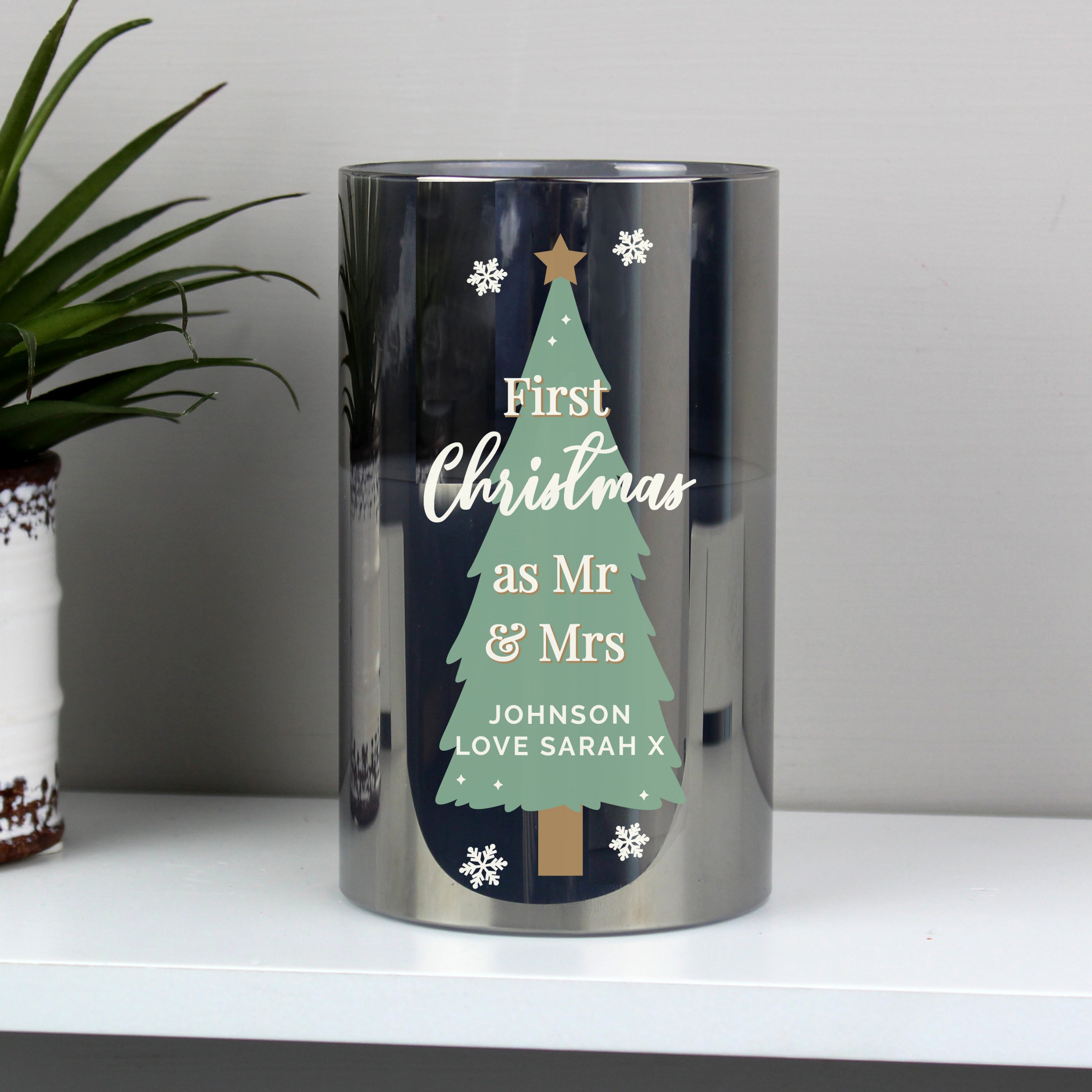 Personalised Christmas Tree Smoked Glass LED Candle