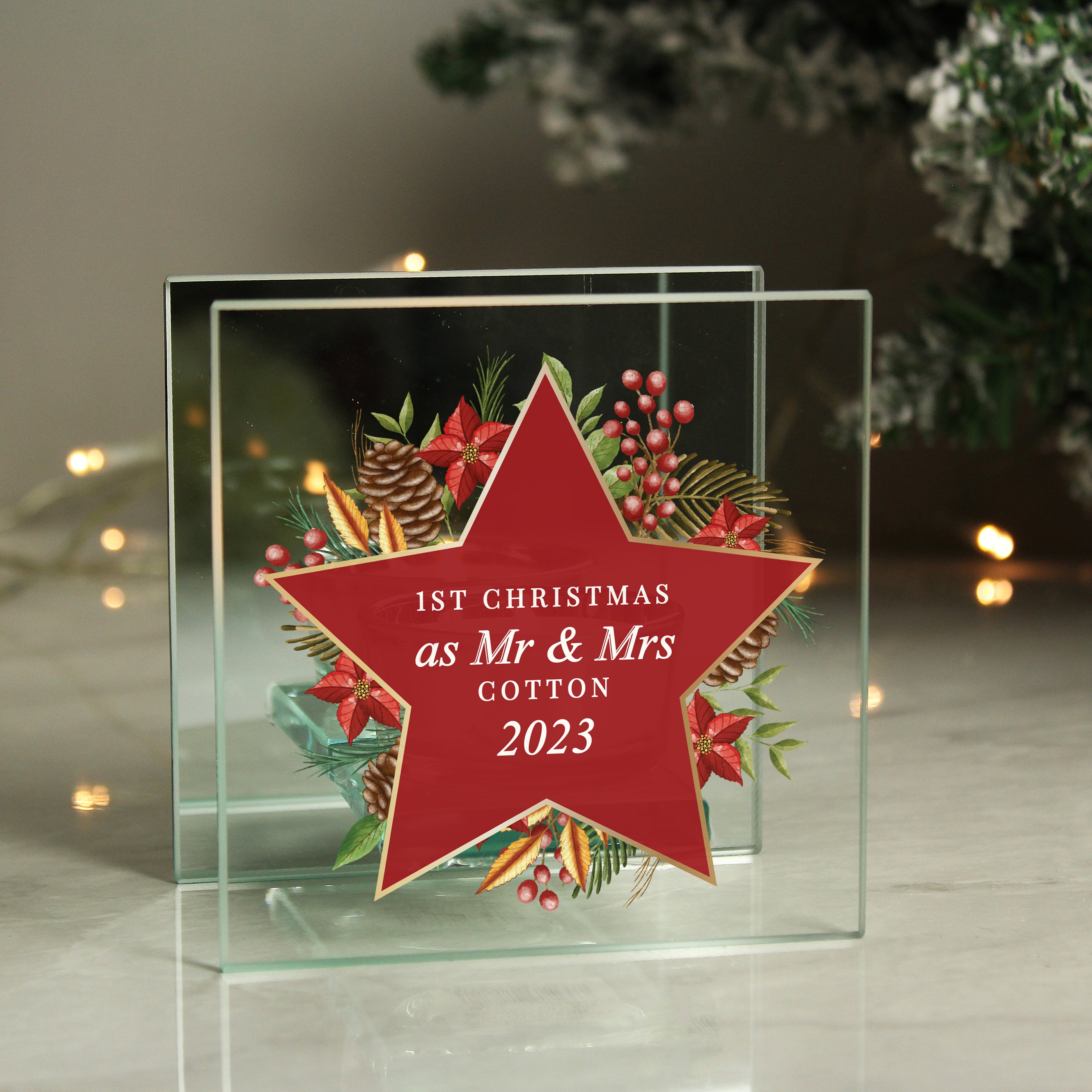 Personalised Christmas Glass Tea Light Candle Holder