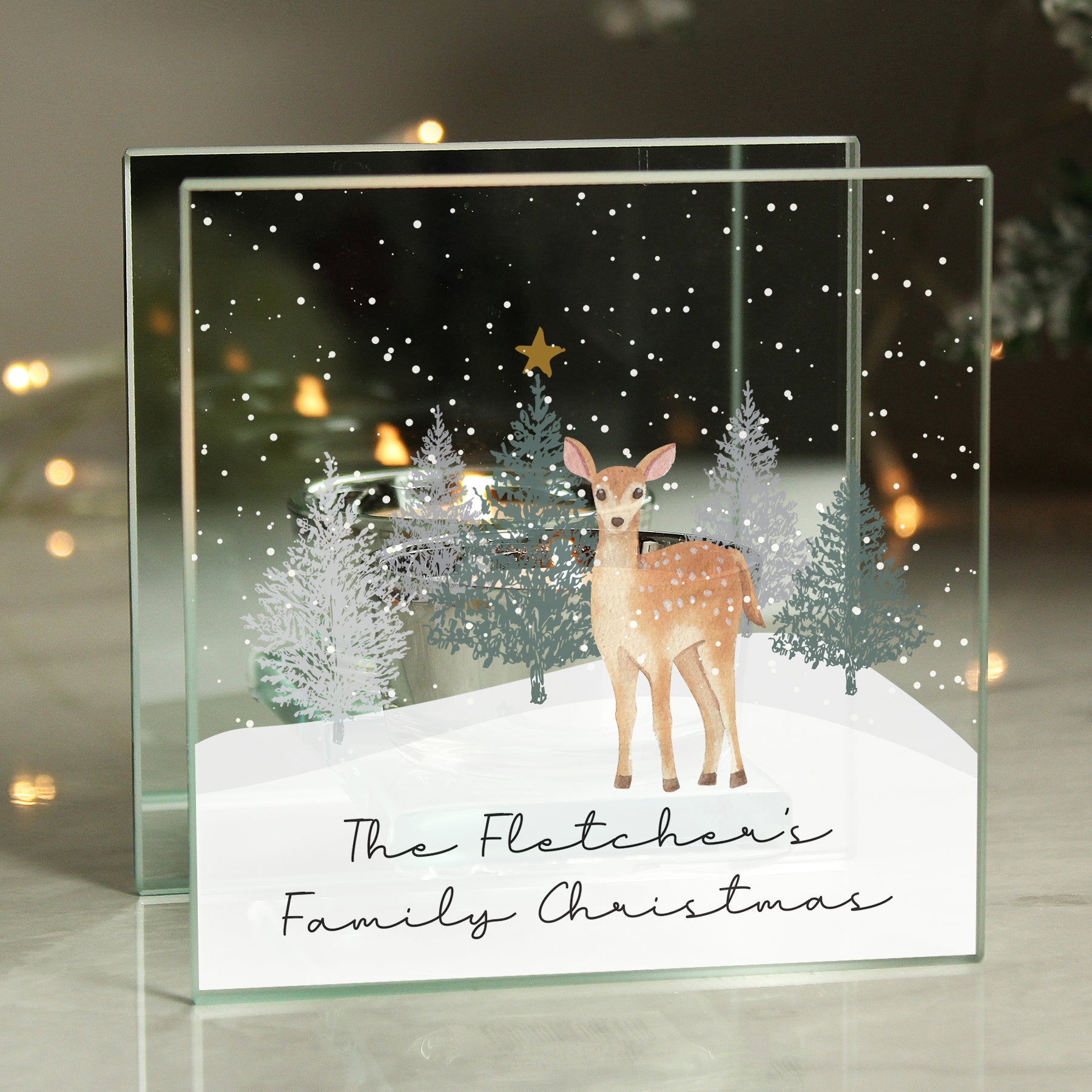 Personalised Christmas Deer Glass Tea Light Candle Holder