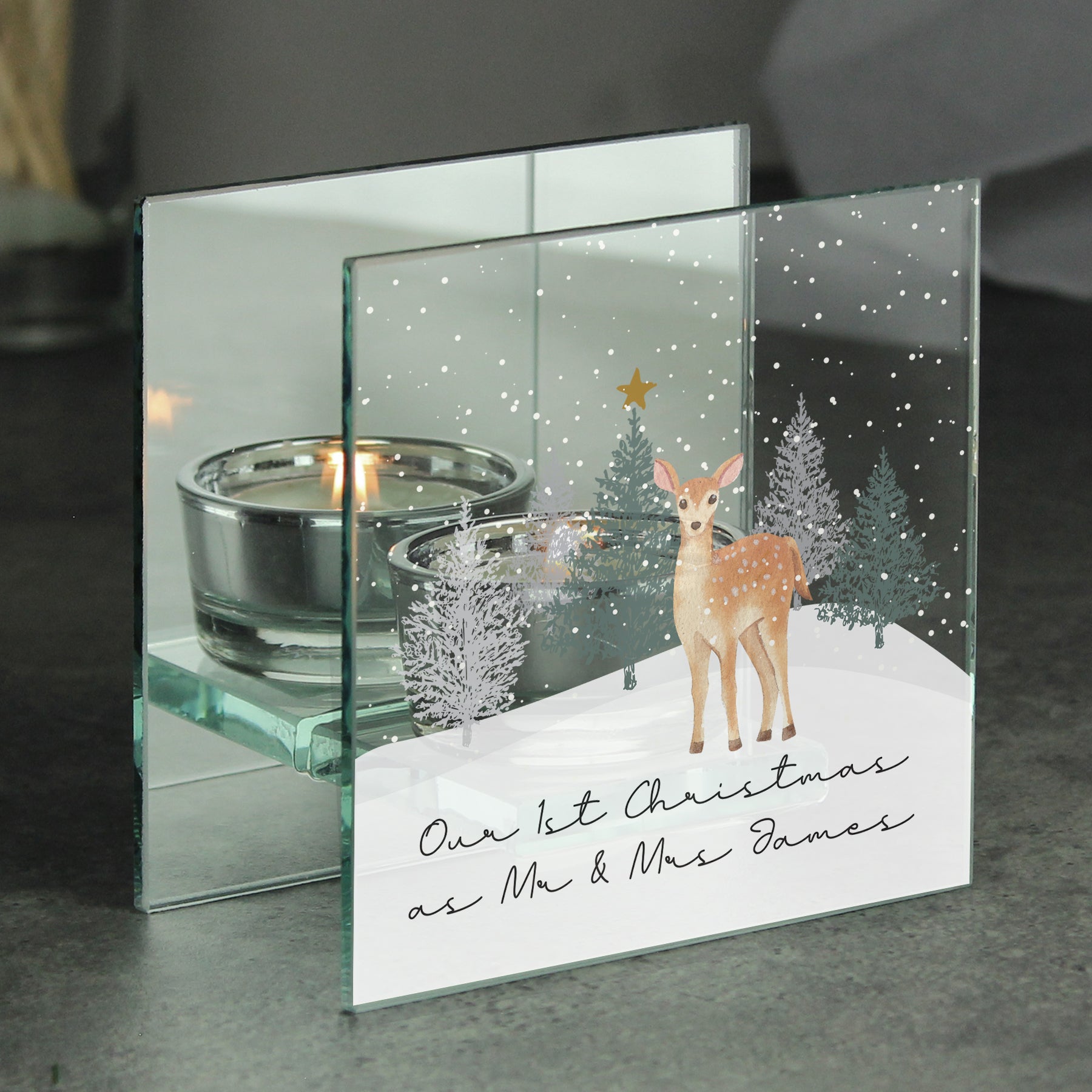 Personalised Christmas Deer Glass Tea Light Candle Holder