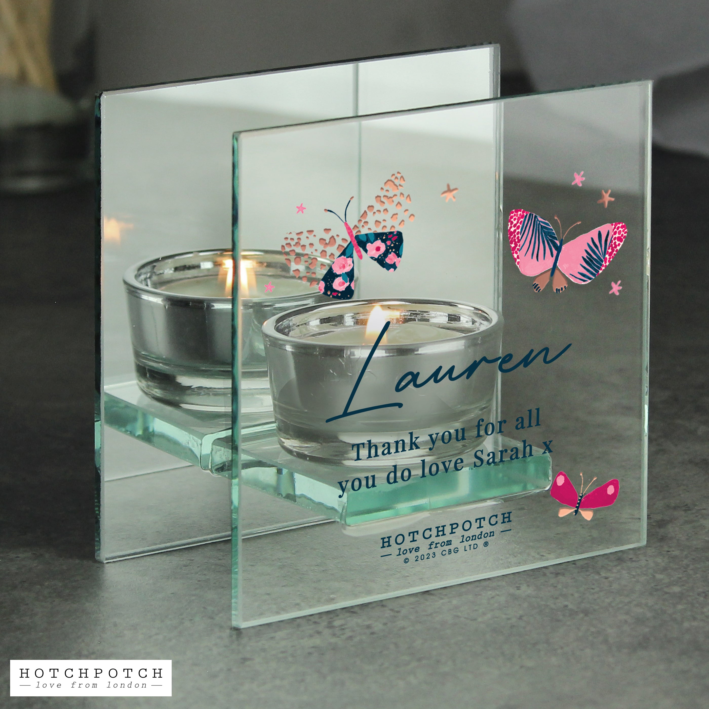 Personalised Hotchpotch Butterfly Mirrored Tea Light Holder