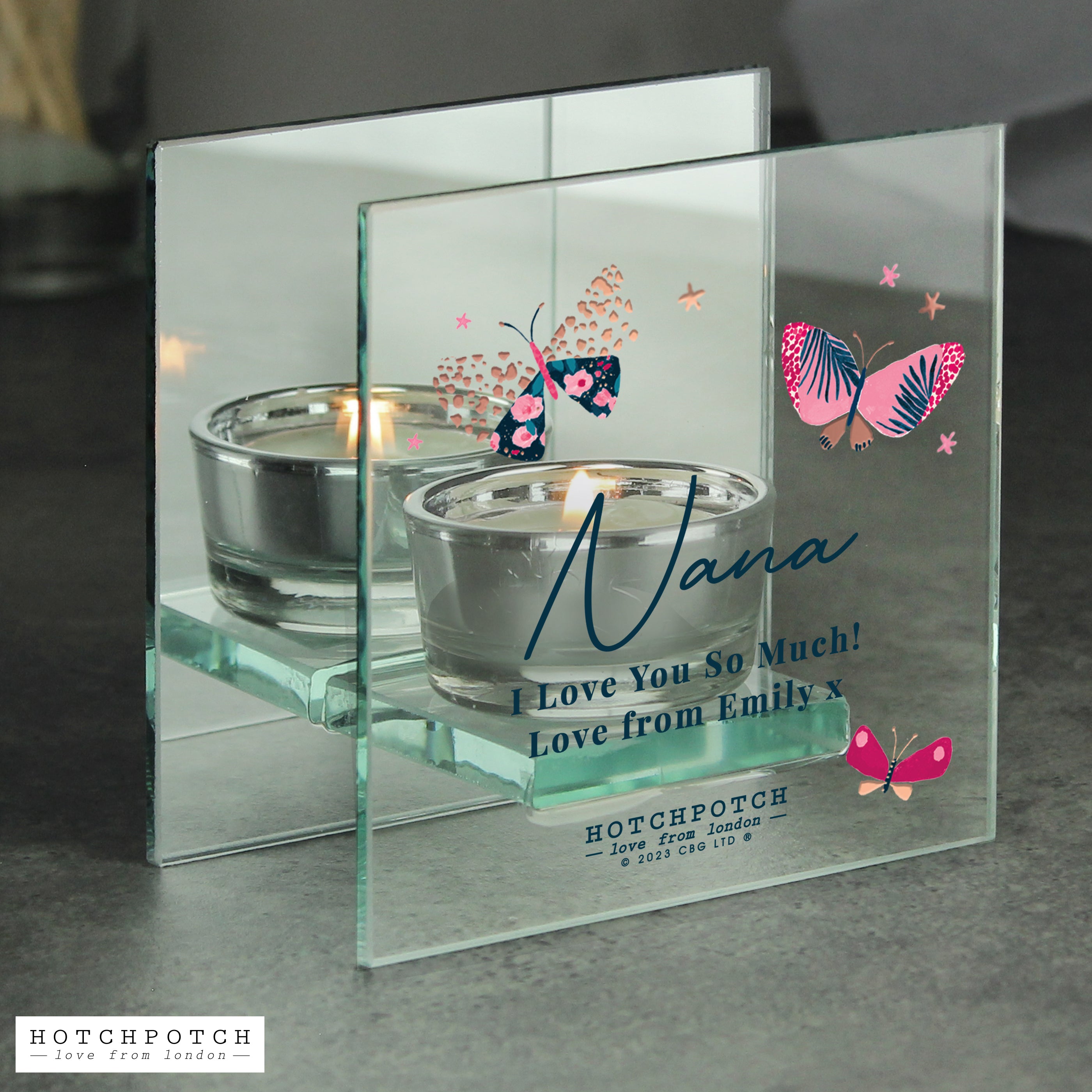 Personalised Hotchpotch Butterfly Mirrored Tea Light Holder