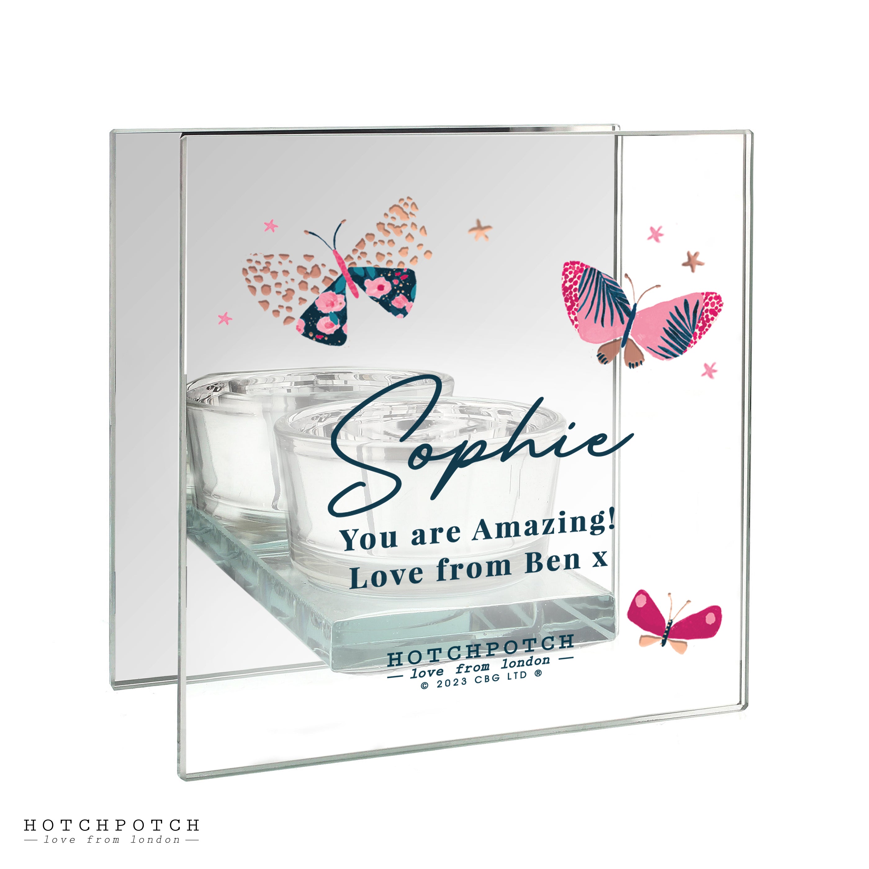 Personalised Hotchpotch Butterfly Mirrored Tea Light Holder