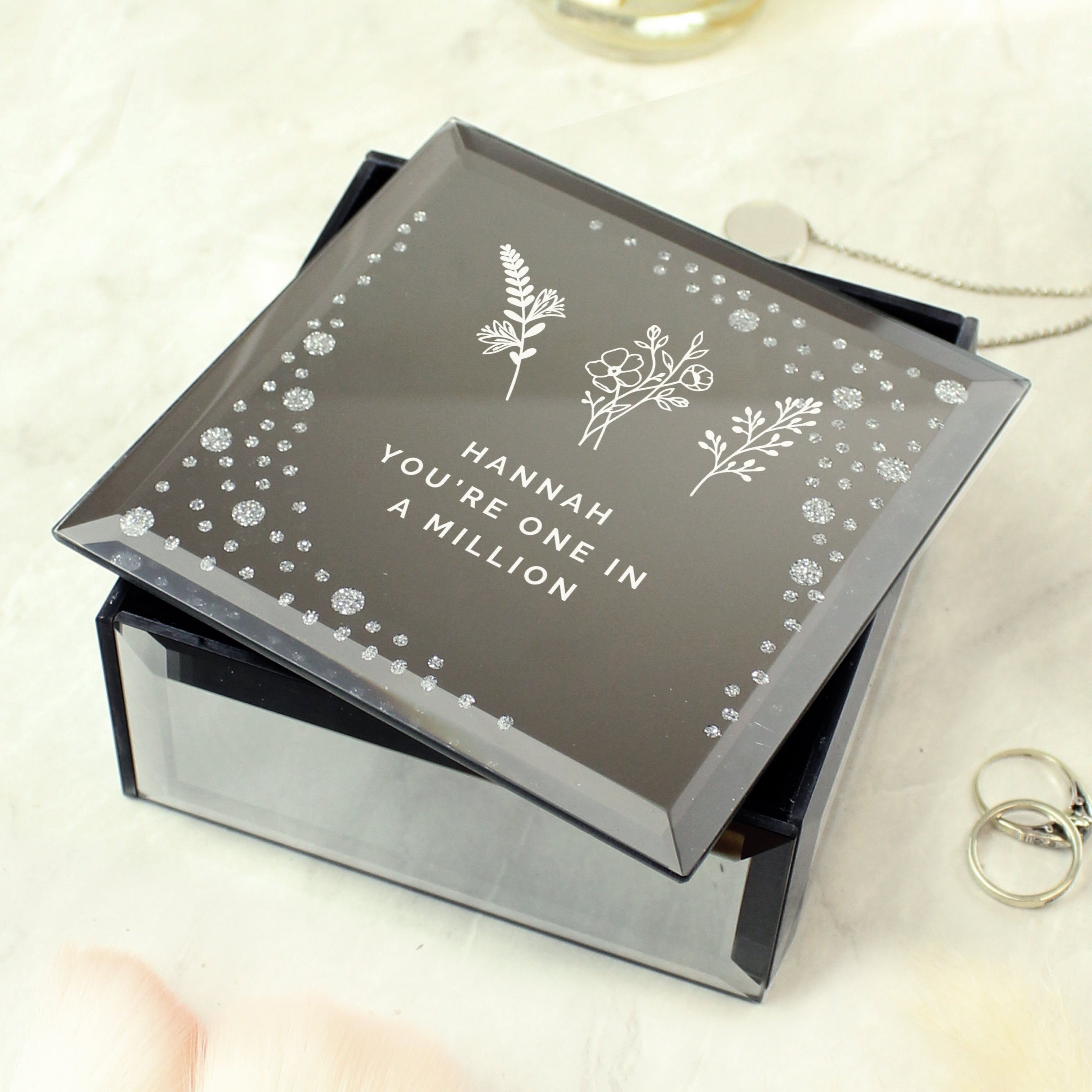 Personalised Floral Diamante Mirrored Trinket Box