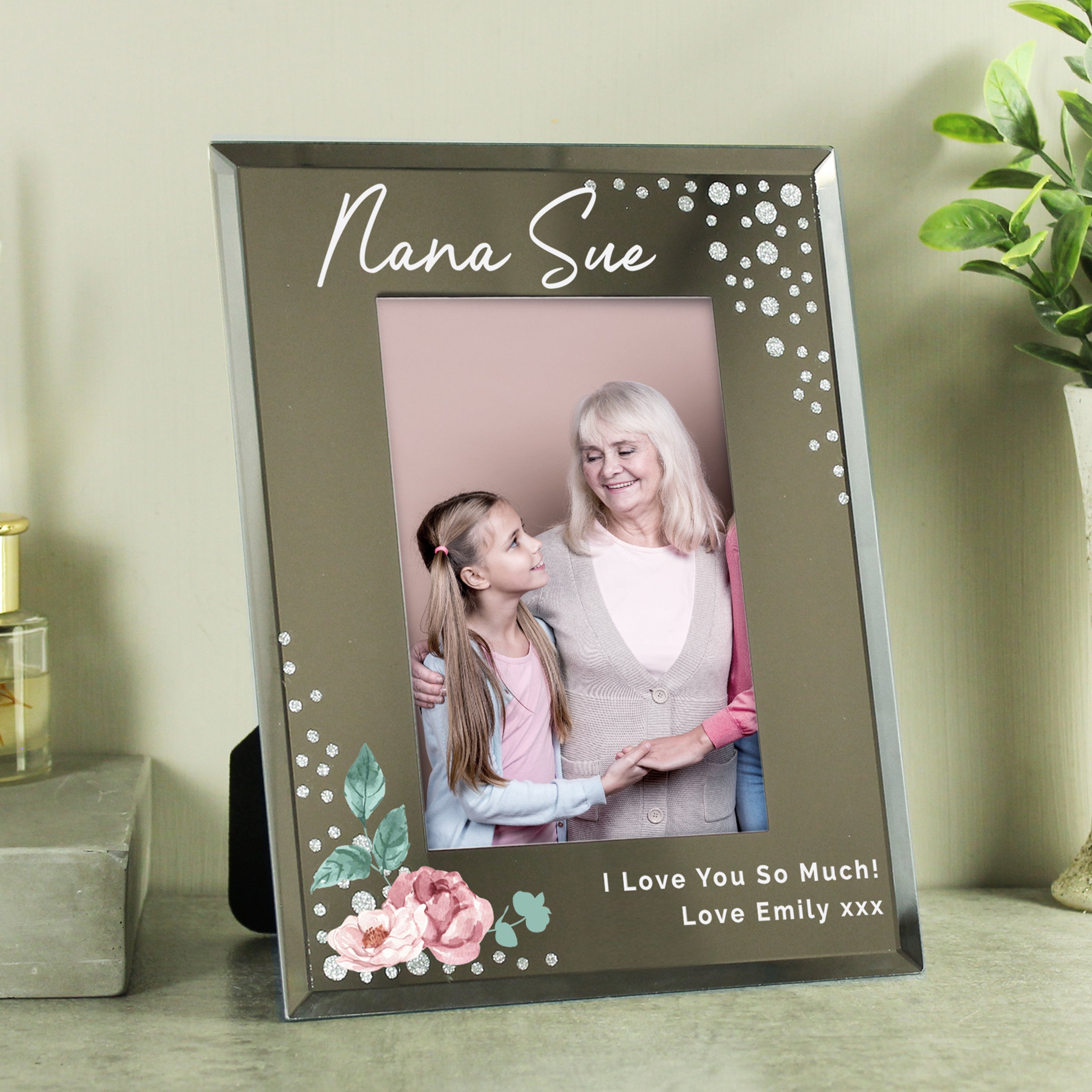 Personalised Floral 6x4 Diamante Glass Photo Frame